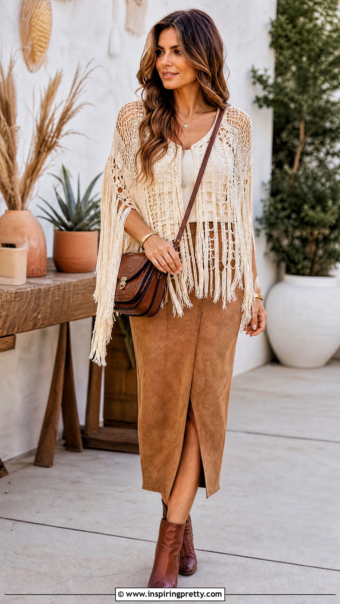 Fringed Crochet Top With Suede Midi Skirt - 50 tops en crochet ideas