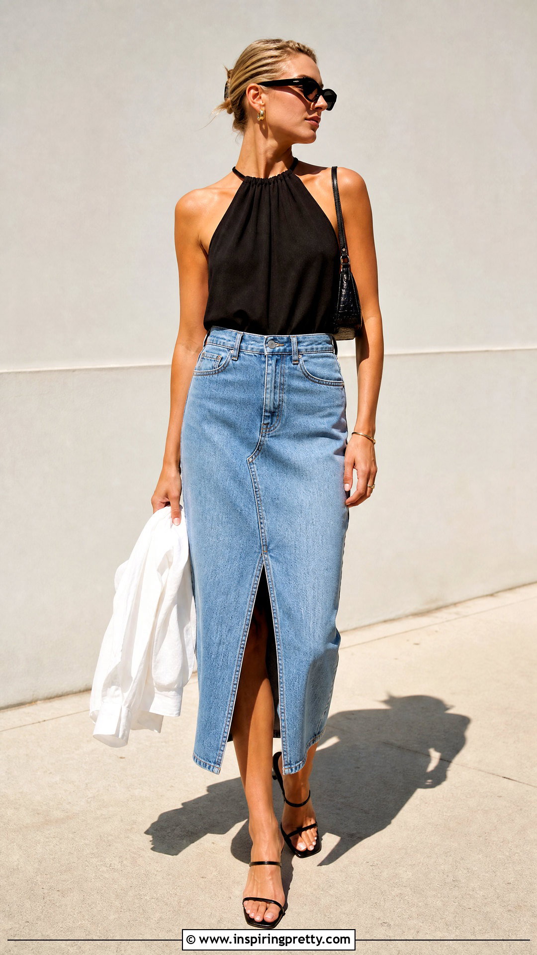Front Slit Denim Skirt And Halter Top Outfit - 50 denim skirt and top outfit ideas