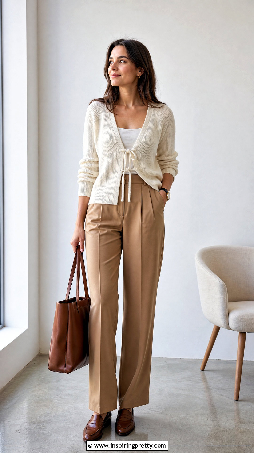 Front Tie Cardigan With Pleated Trousers - 50 front tie top outfit ideas