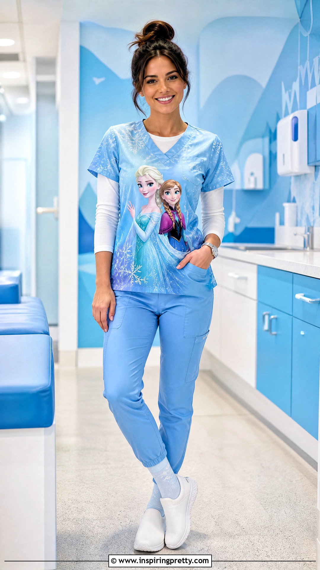 Frozen Character Scrub Top With Ice Blue Pants - 20 character scrub tops outfit ideas