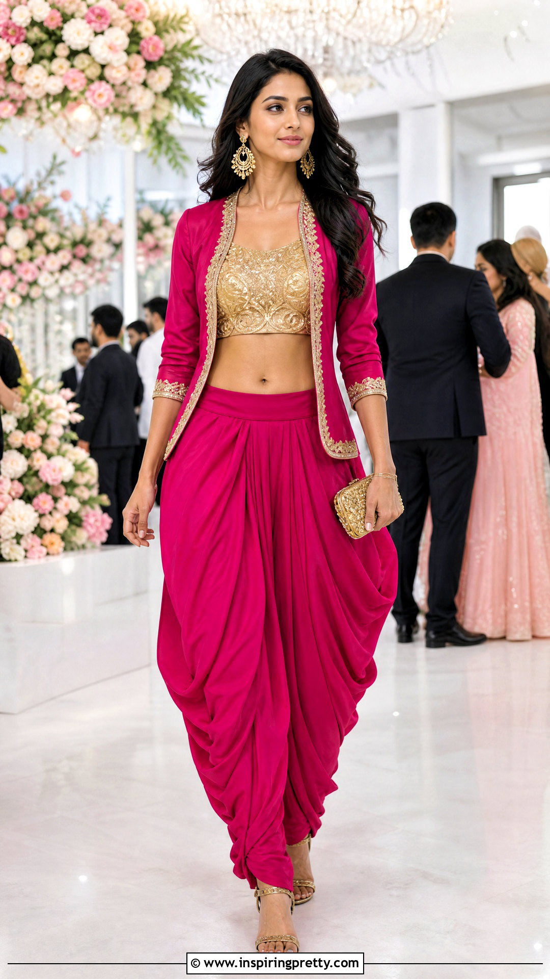 Fuchsia Dhoti Skirt With Gold Crop Top And Short Jacket - 25 dhoti skirt with crop top and jacket outfit ideas