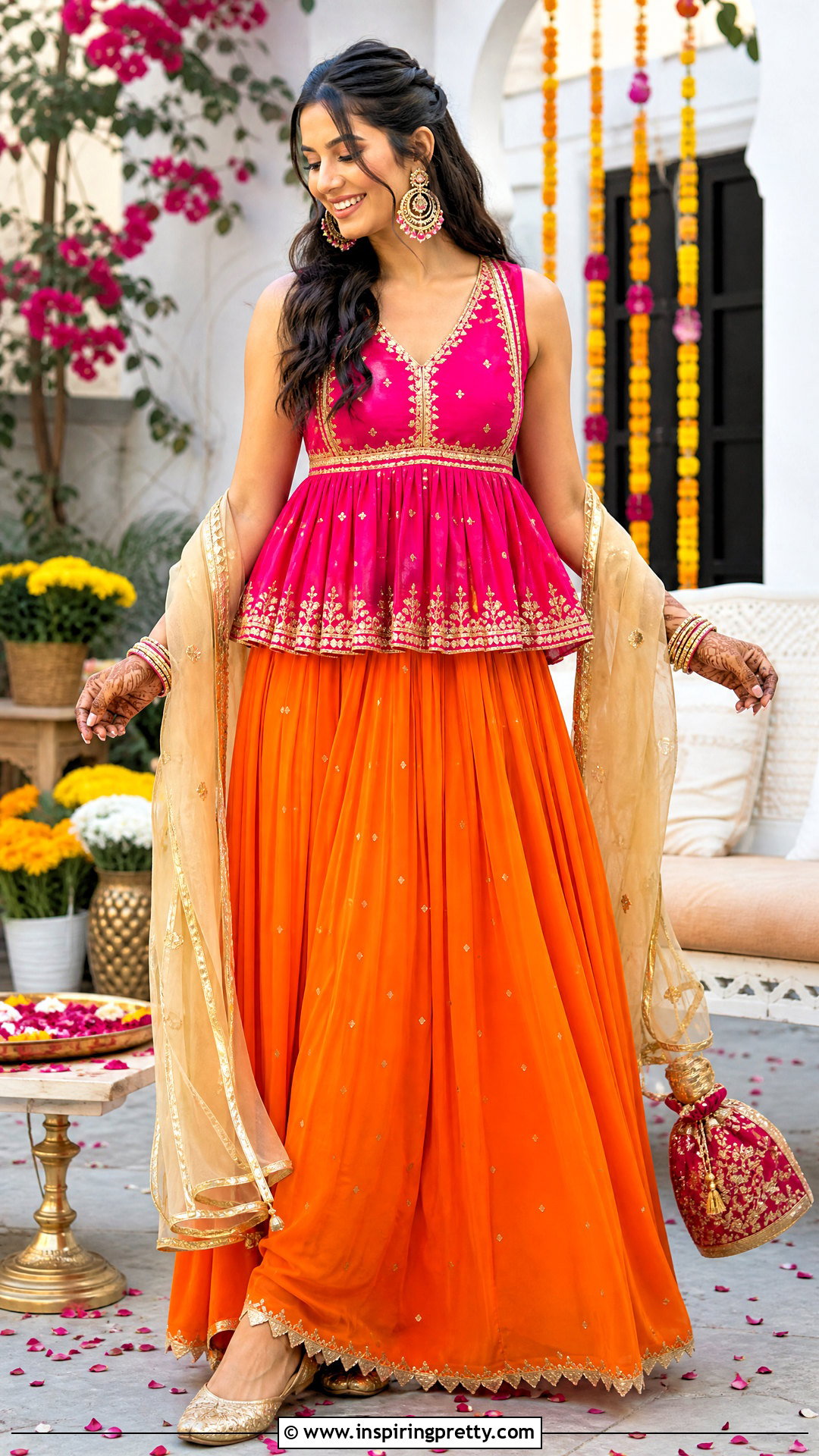Fuchsia Indian Peplum Top With Orange Skirt - 50 indian peplum top outfits