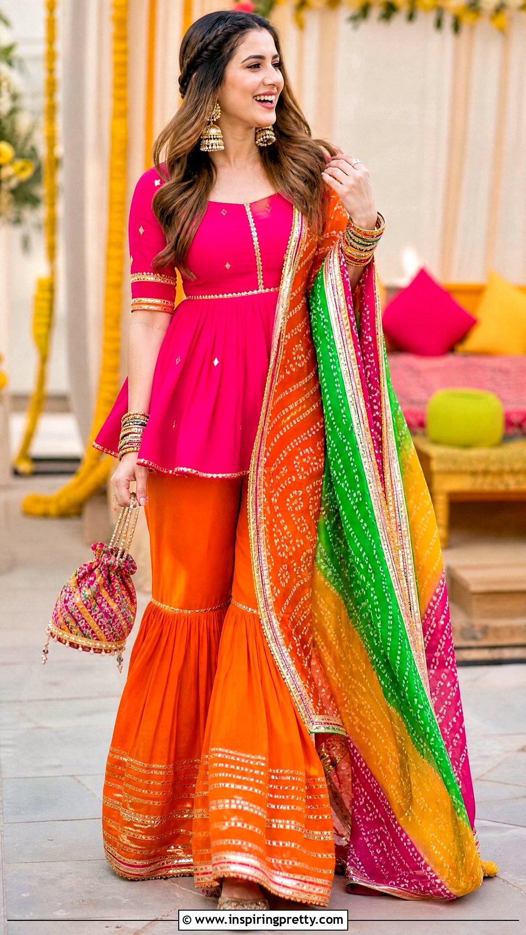 Fuchsia Peplum Top With Orange Sharara - 50 peplum top with sharara outfit ideas