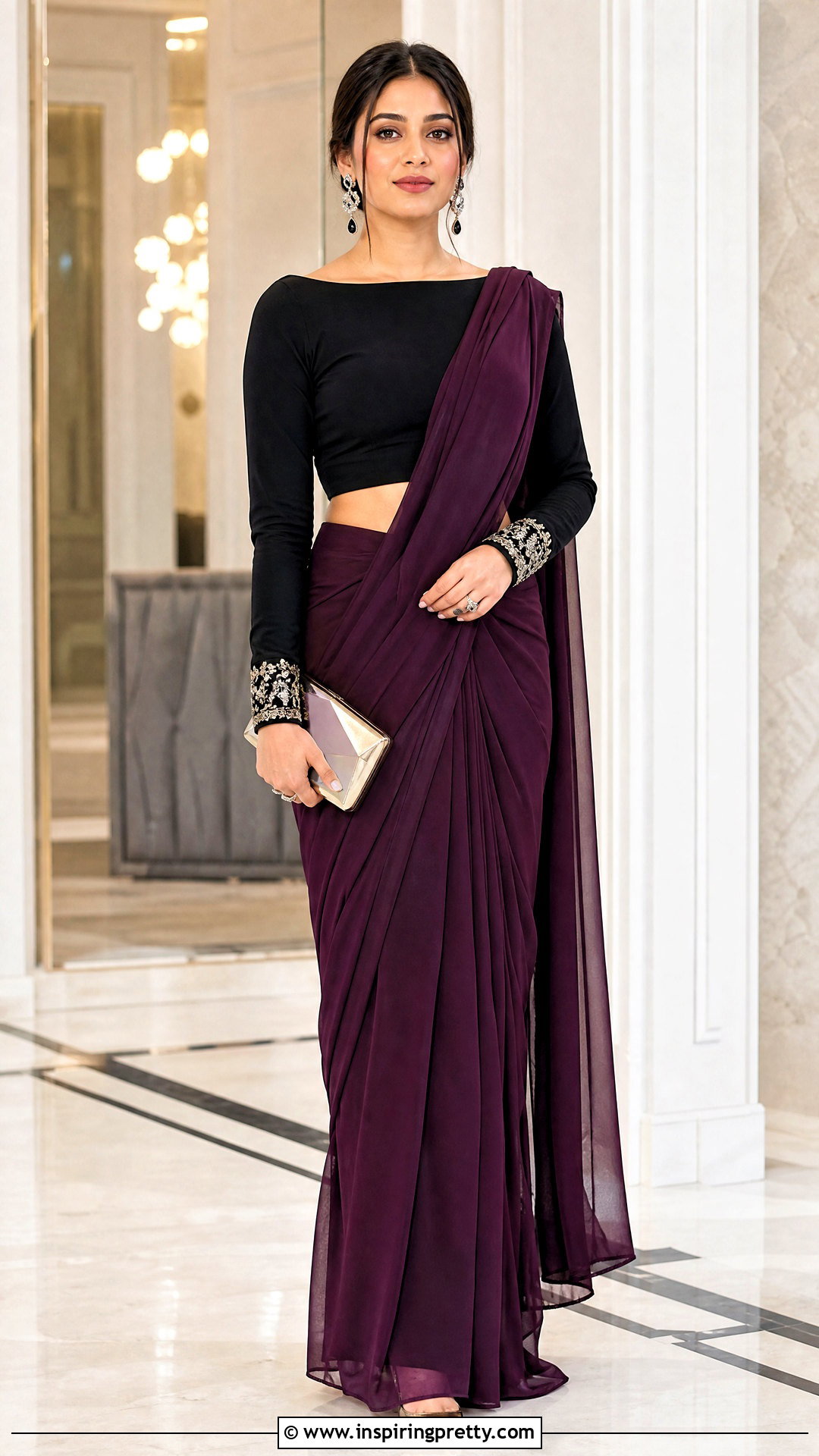 Full Sleeve Boat Neck Crop Top Blouse With Chiffon Saree - 20 Crop Top Blouse Designs Latest Boat Necks