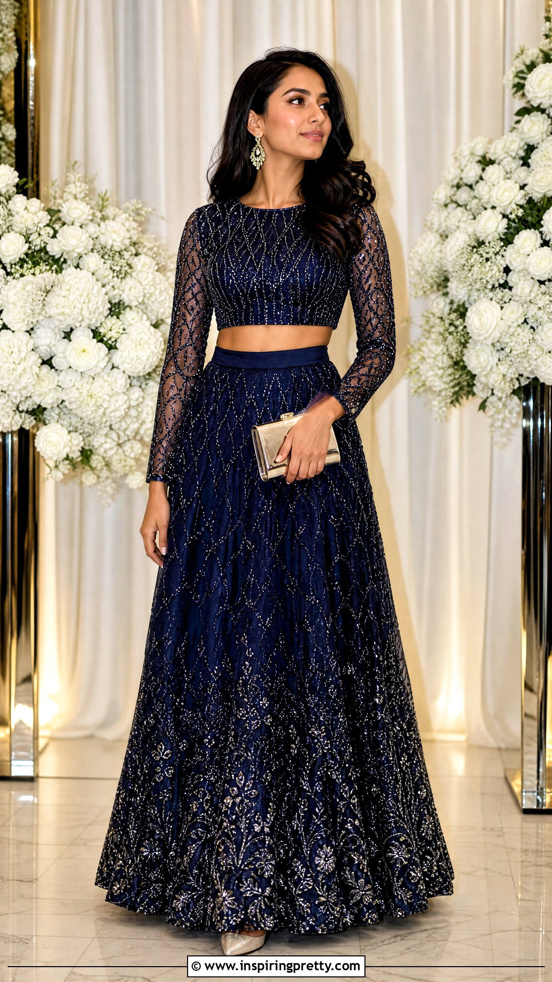 Full Sleeve Crop Top And Embellished Skirt - 25 crop top and skirt indian party wear for women outfit ideas