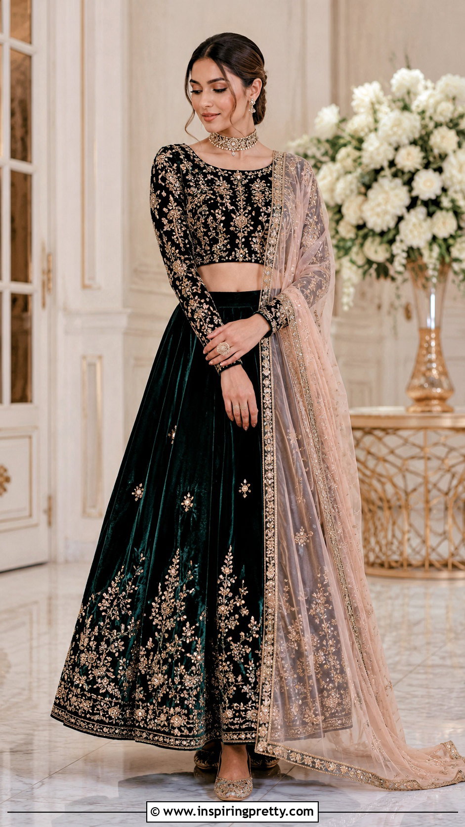 Full Sleeve Crop Top Blouse With Velvet Lehenga - 20 Crop Top Blouse Designs For Lehanga Outfit Ideas