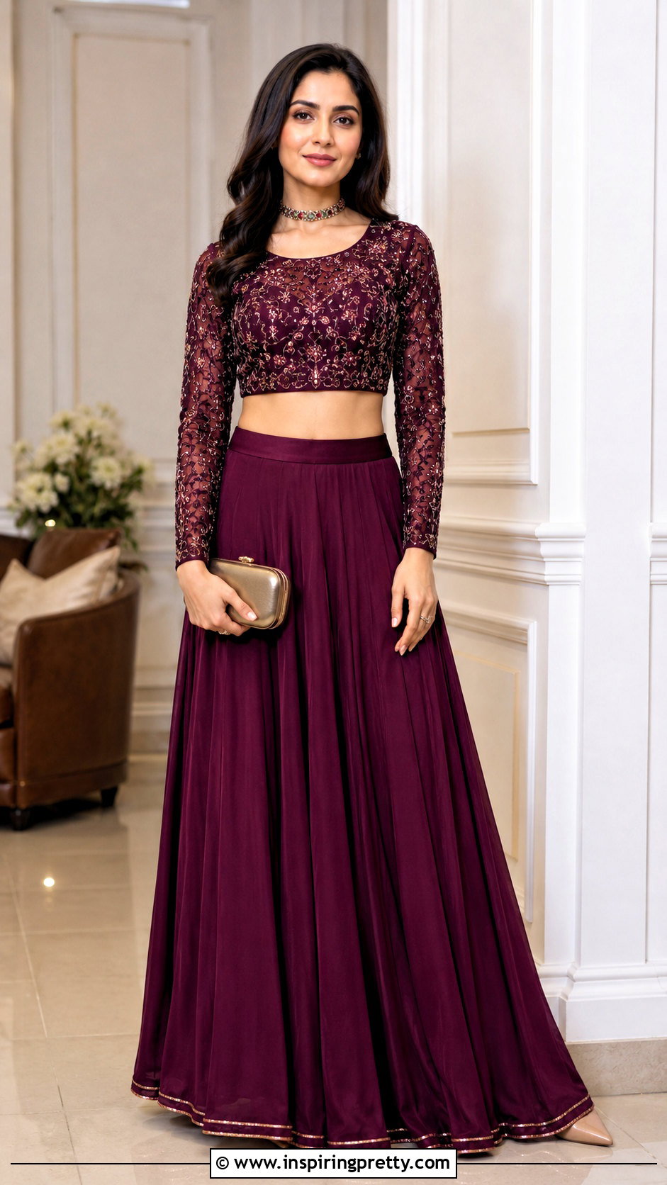 Full Sleeve Crop Top With Plain Lehenga - 20 latest lehenga crop top designs