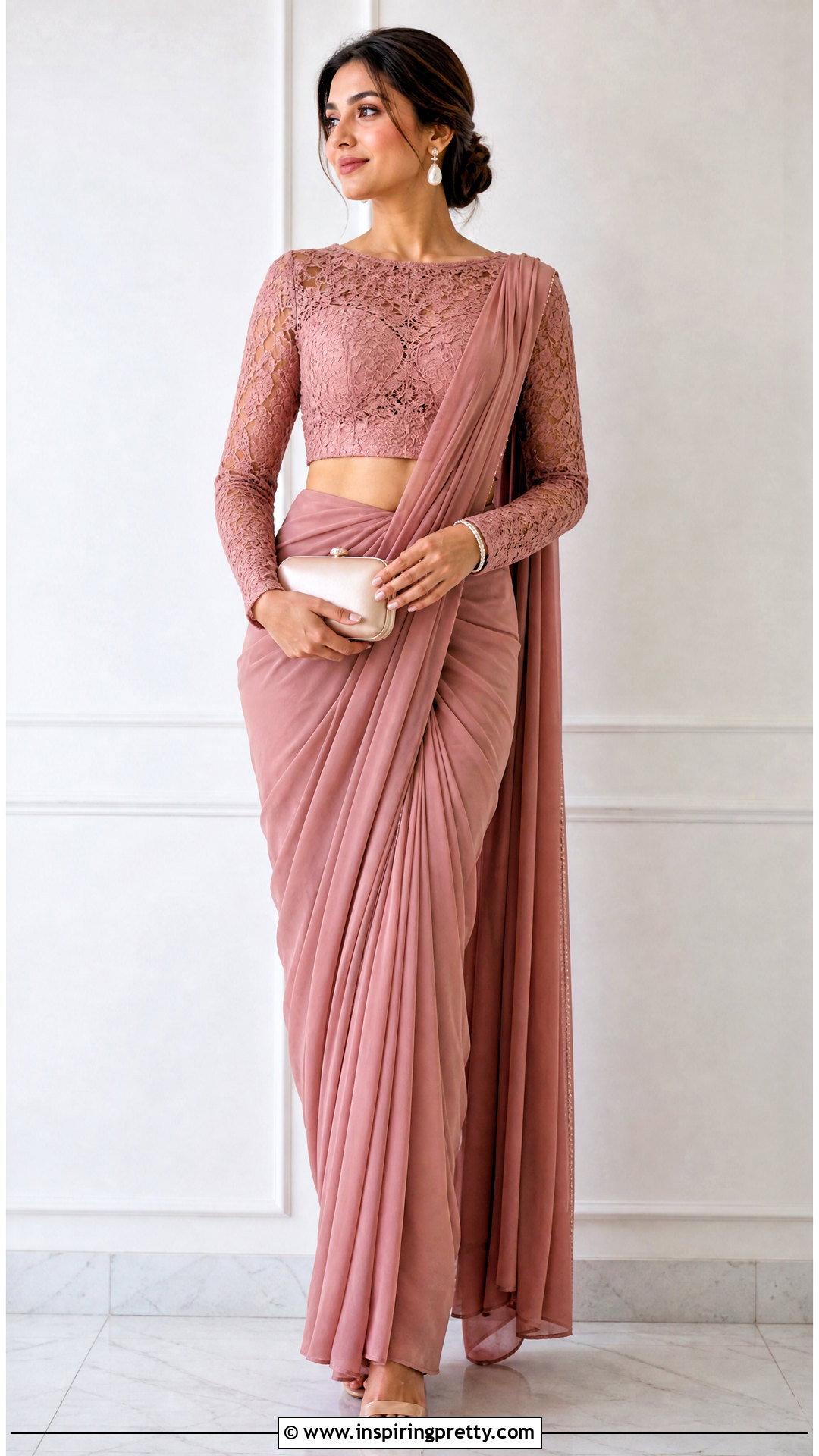 Full Sleeve Lace Crop Top With Saree - 50 saree with crop top outfit ideas