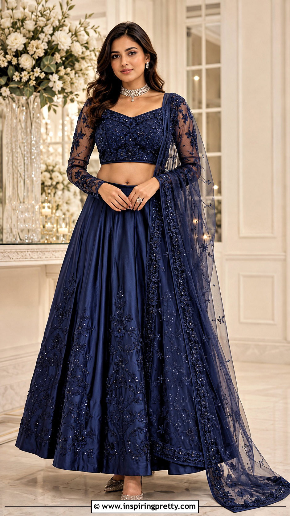 Full Sleeve Net Crop Top Lehenga - 50 Crop Top Designs For Lehenga Ideas