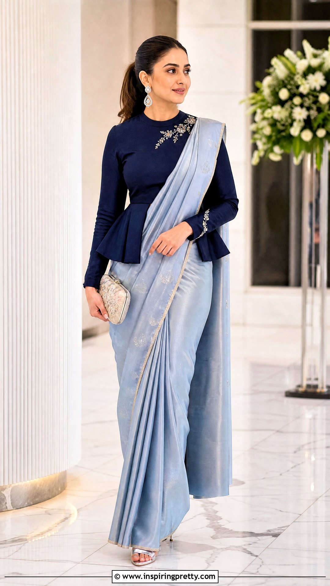 Full Sleeve Peplum Top With Silk Saree - 20 peplum top with saree outfit ideas