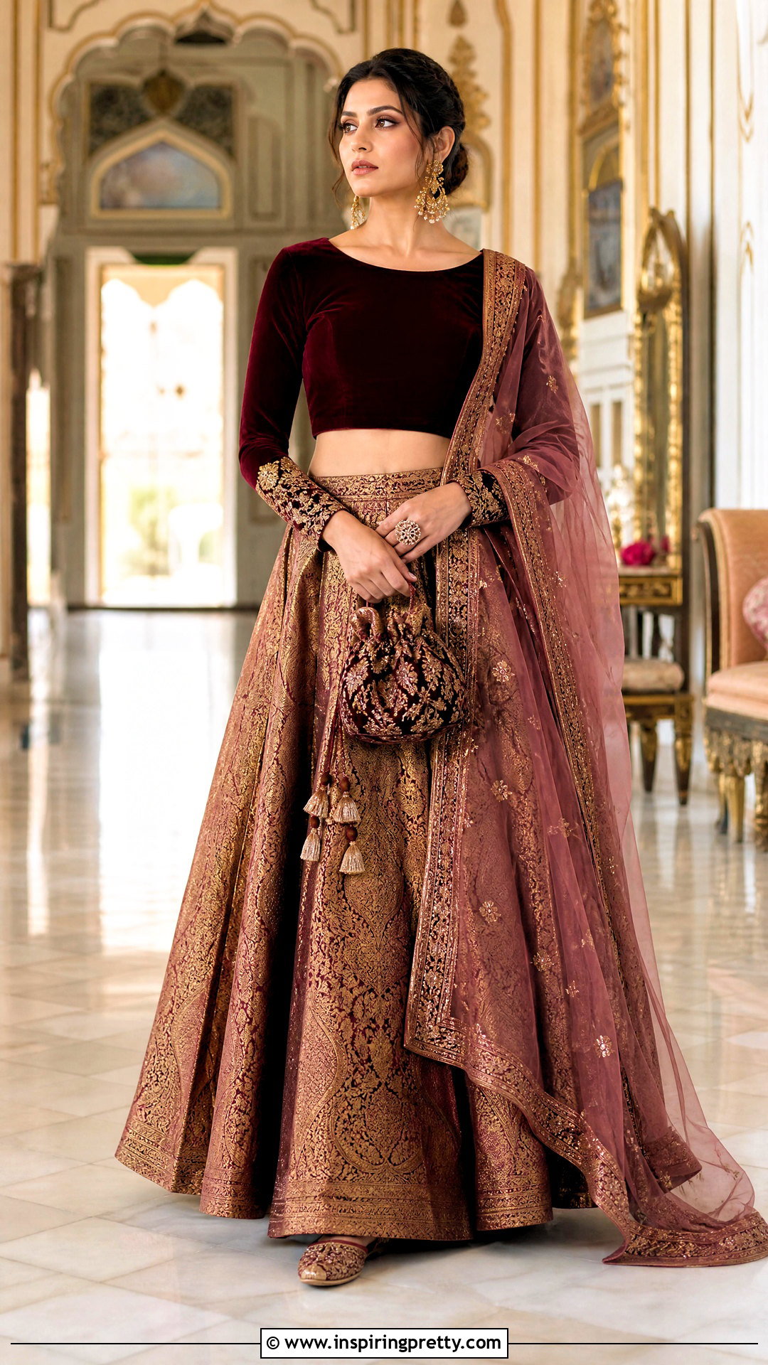 Full Sleeve Velvet Crop Top With Brocade Lehenga - 50 velvet crop top designs for lehengas