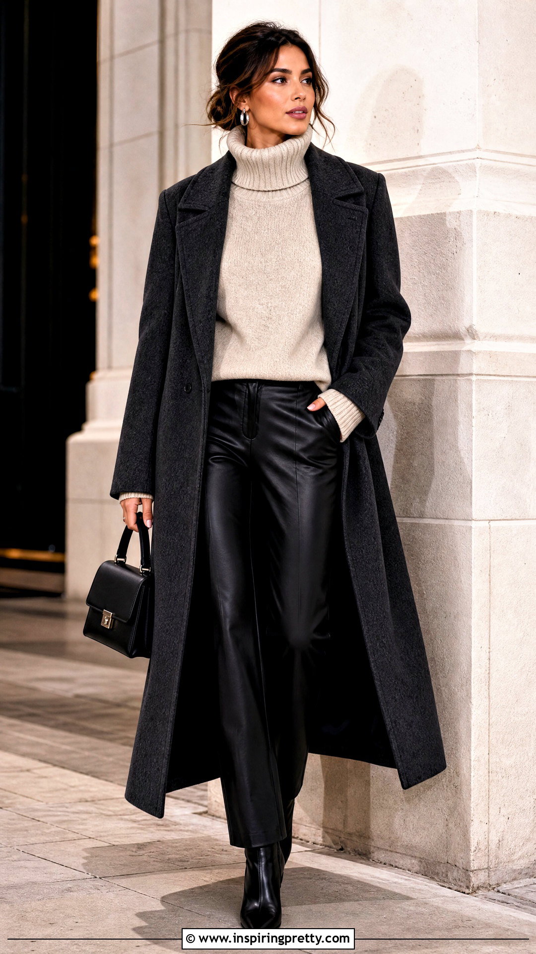 Funnel Neck Sweater With Faux Leather Pants - 50 winter tops for women