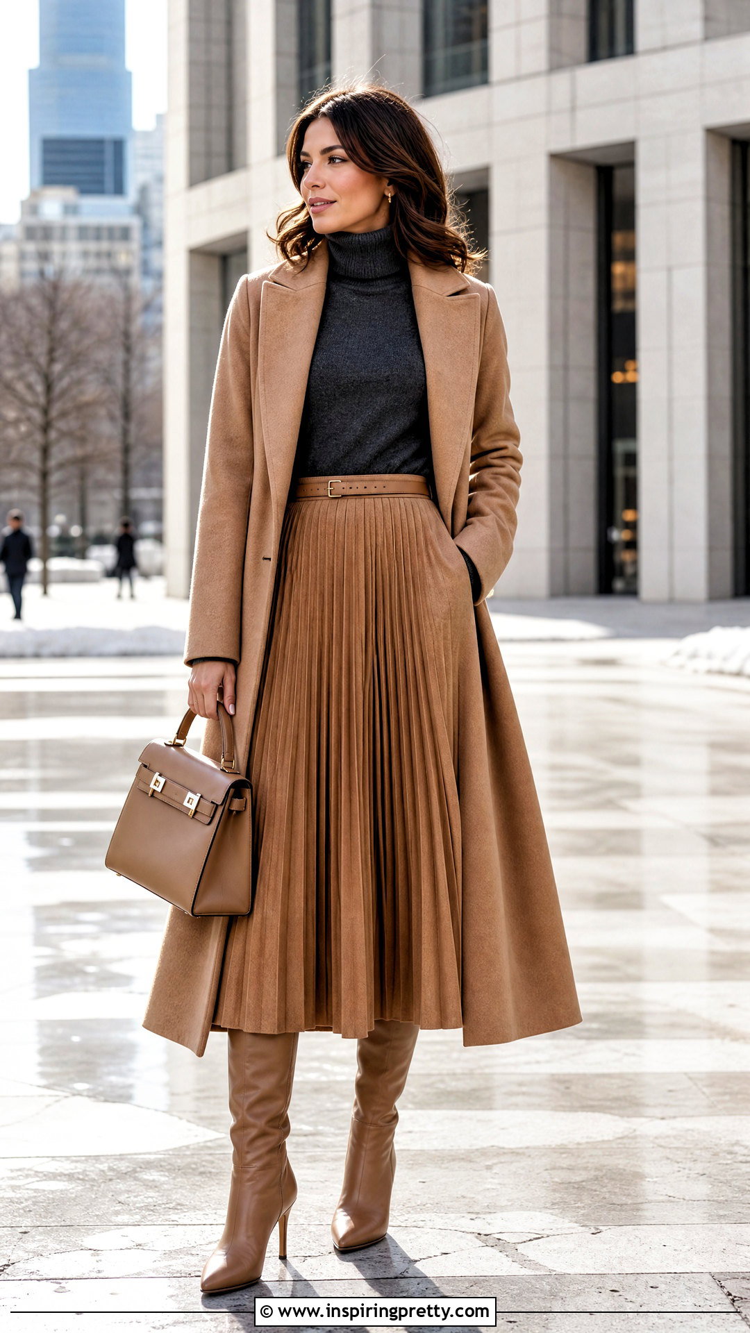 Funnel Neck Top And Wool Midi Skirt Outfit - 50 top and skirt outfits