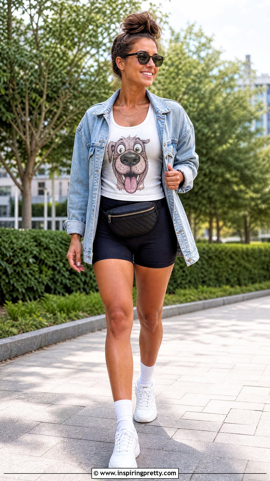 Funny Graphic Tank Top With Denim Jacket And Biker Shorts - 20 funny graphic tank tops outfit ideas