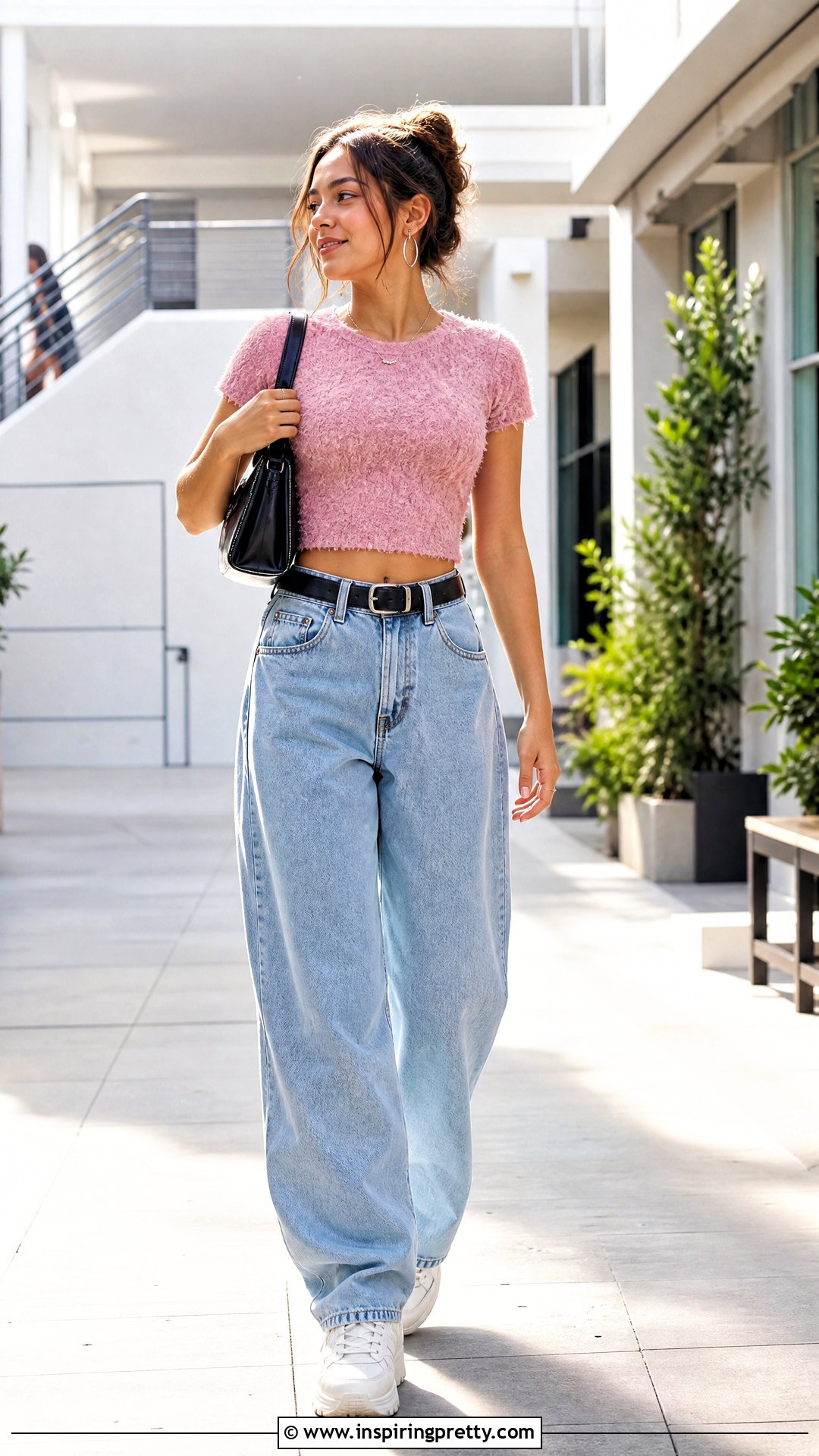 Fuzzy Pink Top With Baggy Jeans - 25 fuzzy pink top outfit ideas