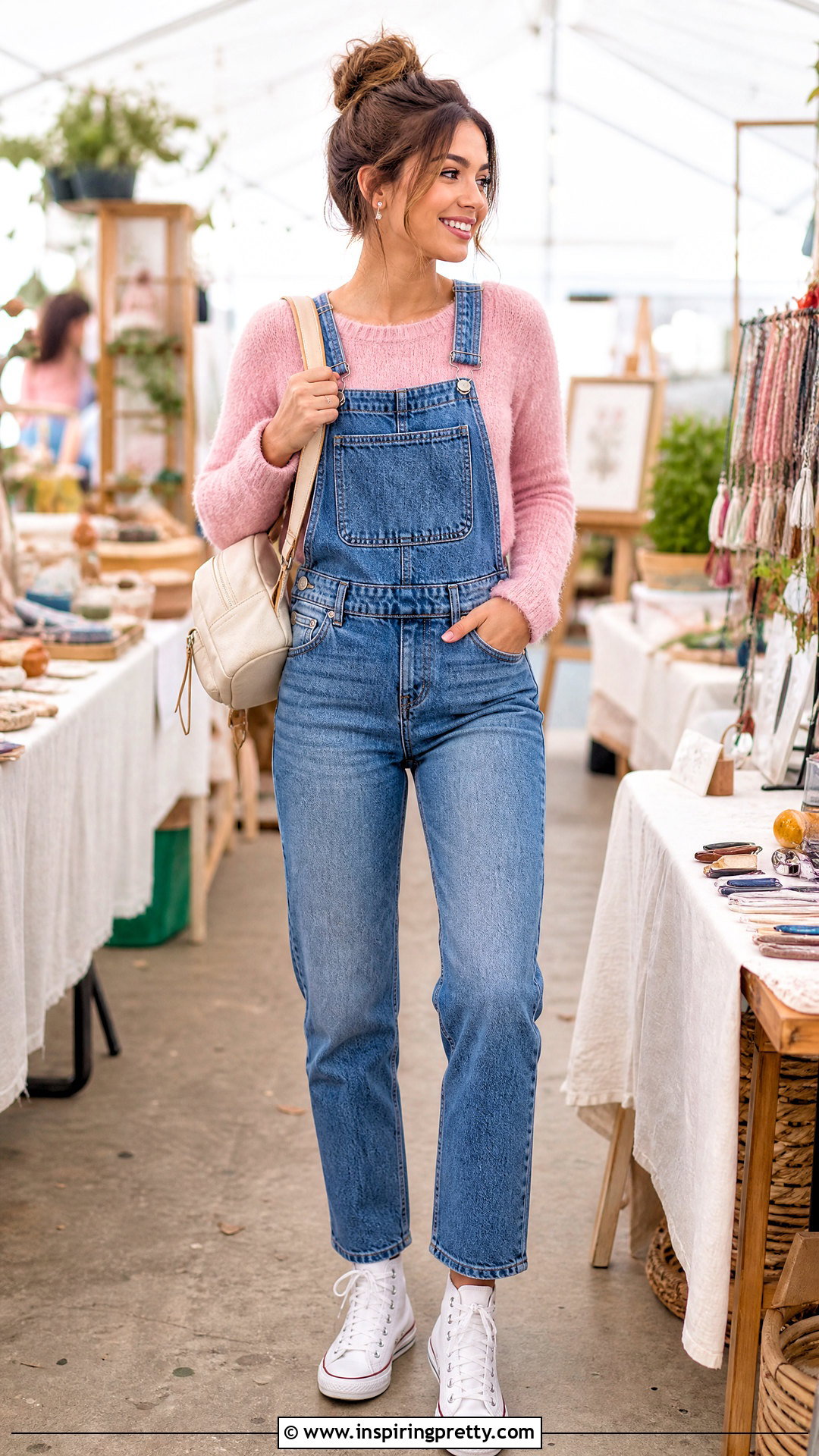 Fuzzy Pink Top With Denim Overalls - 25 fuzzy pink top outfit ideas