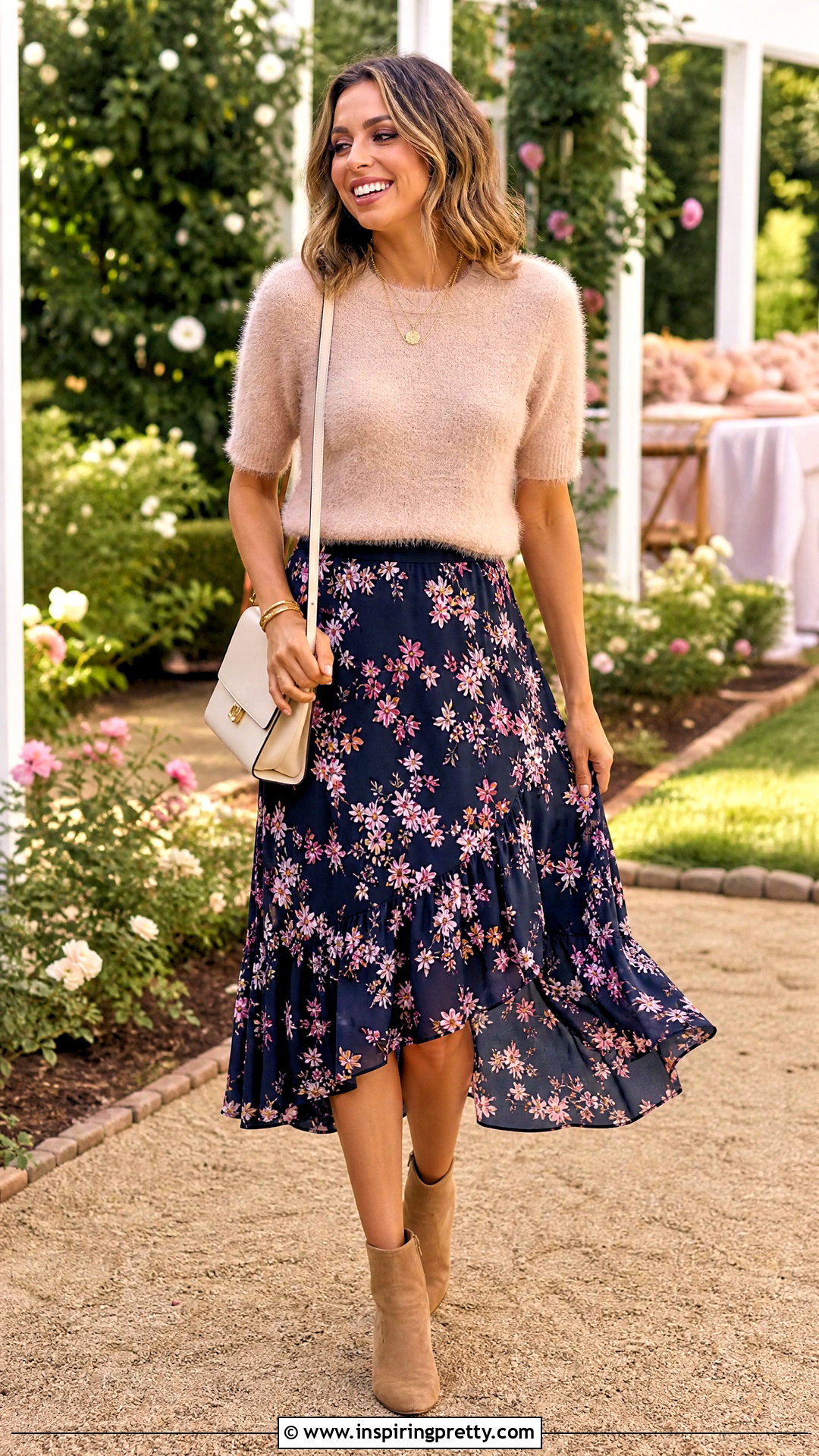 Fuzzy Pink Top With Floral Midi Skirt - 25 fuzzy pink top outfit ideas