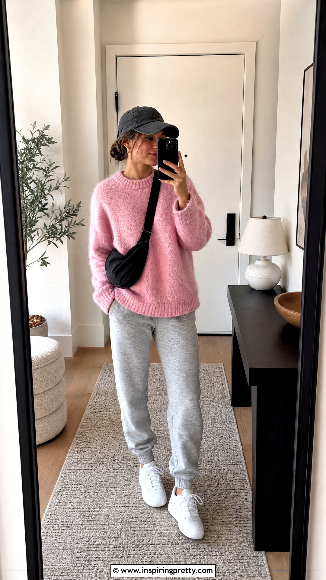 Fuzzy Pink Top With Gray Sweatpants - 25 fuzzy pink top outfit ideas