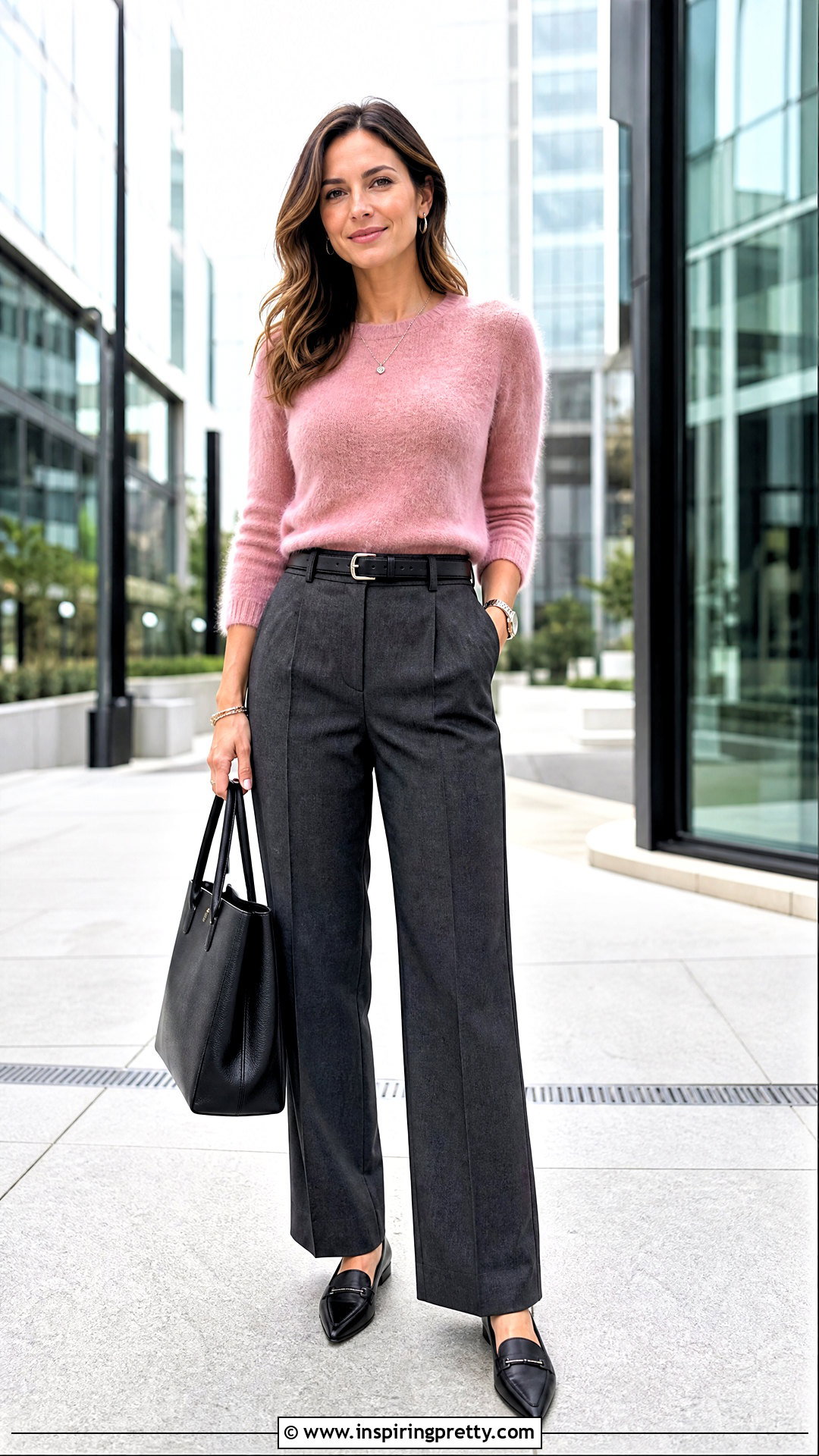 Fuzzy Pink Top With Gray Tailored Trousers - 25 fuzzy pink top outfit ideas