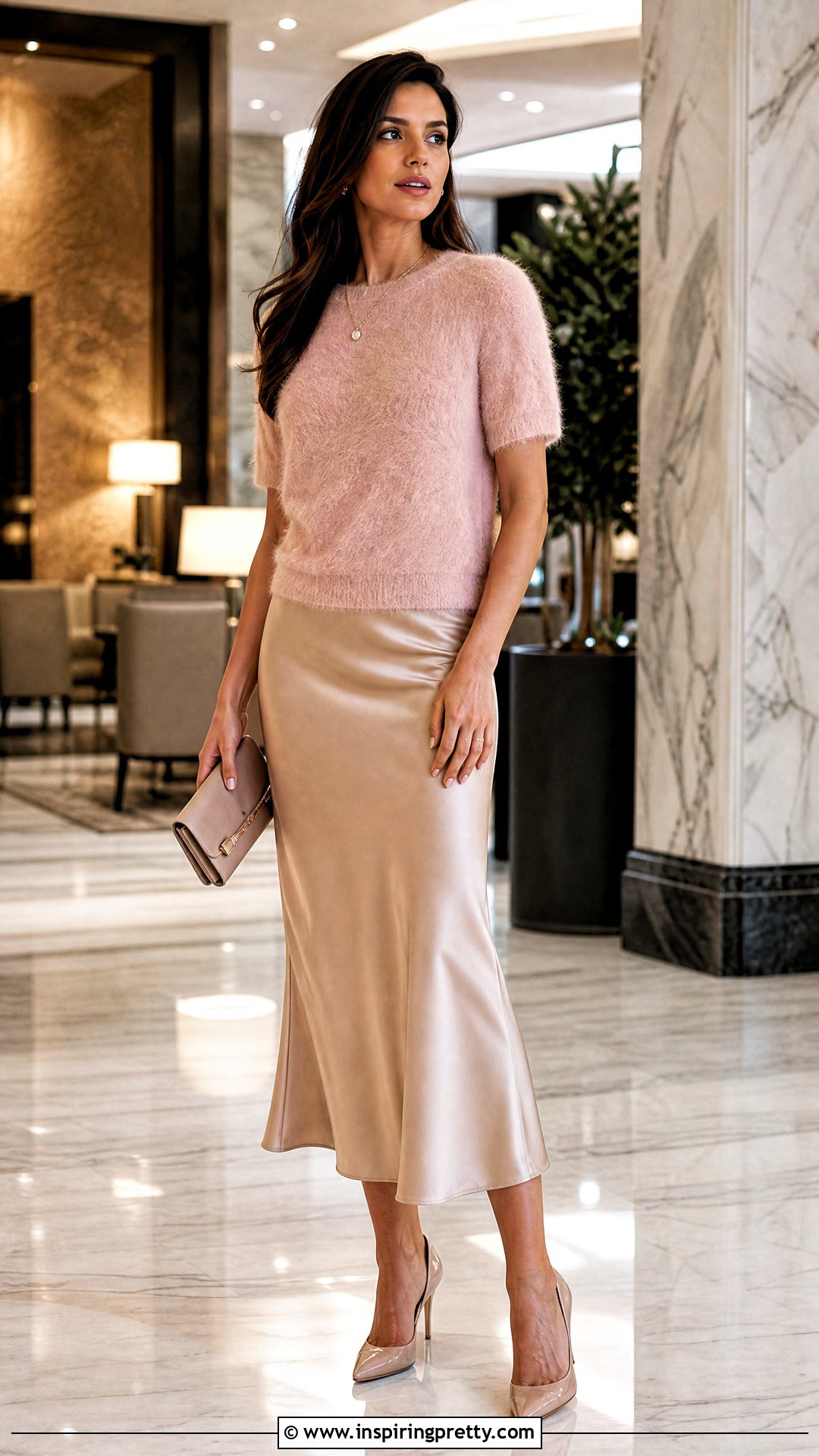 Fuzzy Pink Top With Satin Midi Skirt - 25 fuzzy pink top outfit ideas