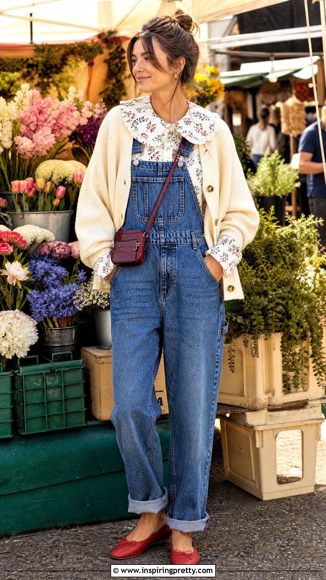 GANNI Blouse Under Denim Overalls - 50 ganni top outfit ideas
