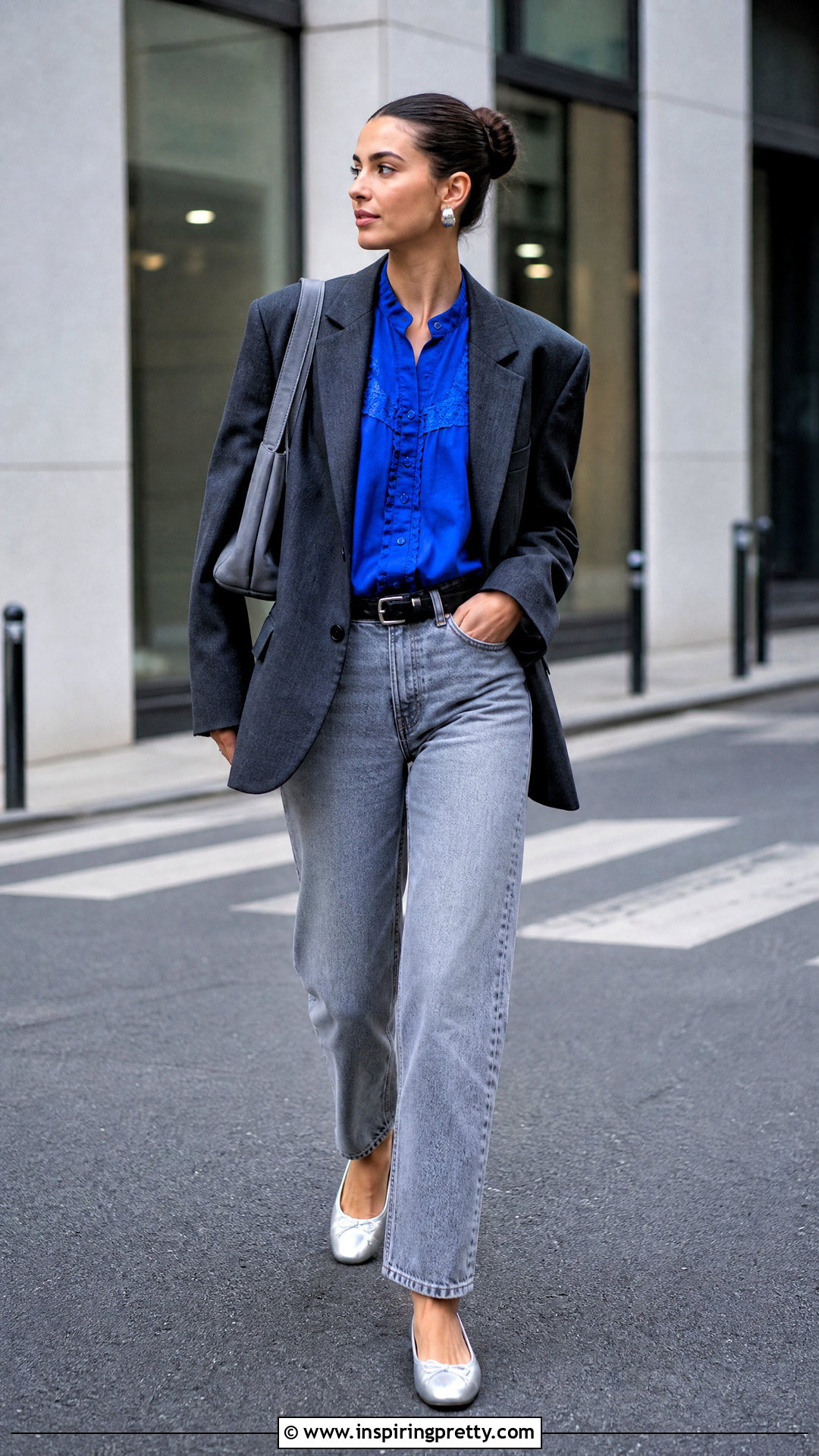 GANNI Blue Top With Gray Jeans - 50 ganni top outfit ideas