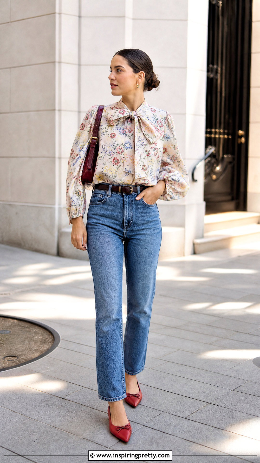 GANNI Bow Blouse With Straight Leg Jeans - 50 ganni top outfit ideas