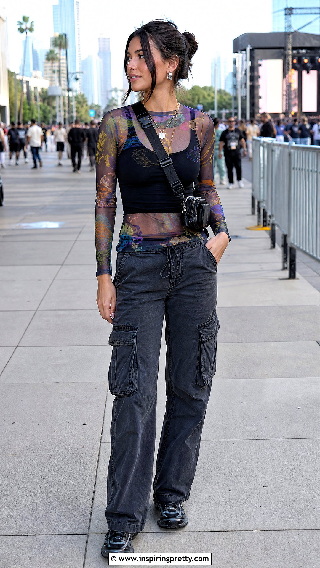 GANNI Mesh Top With Cargo Pants - 50 ganni top outfit ideas