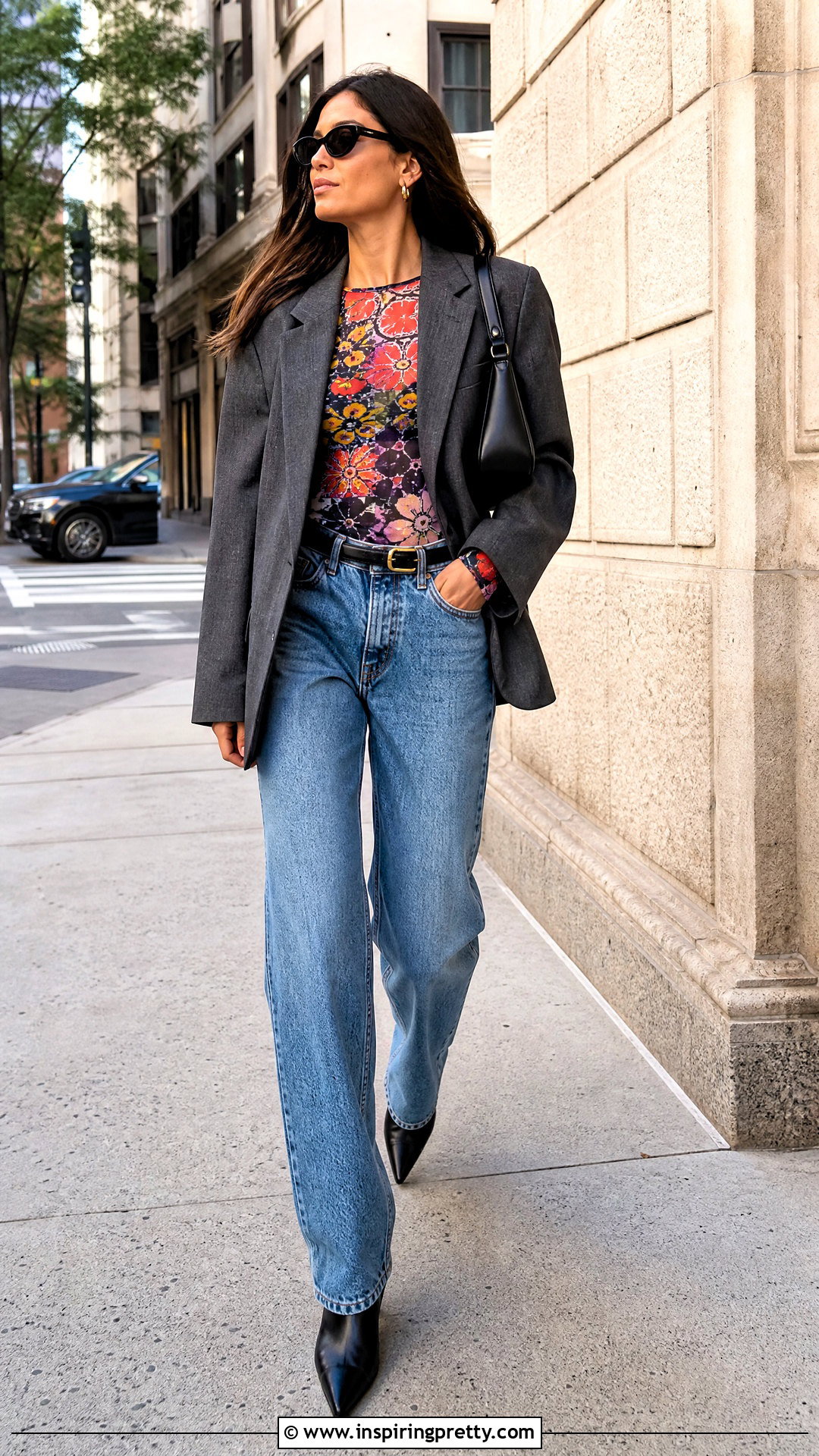 GANNI Printed Long Sleeve Top With Relaxed Jeans - 50 ganni top outfit ideas