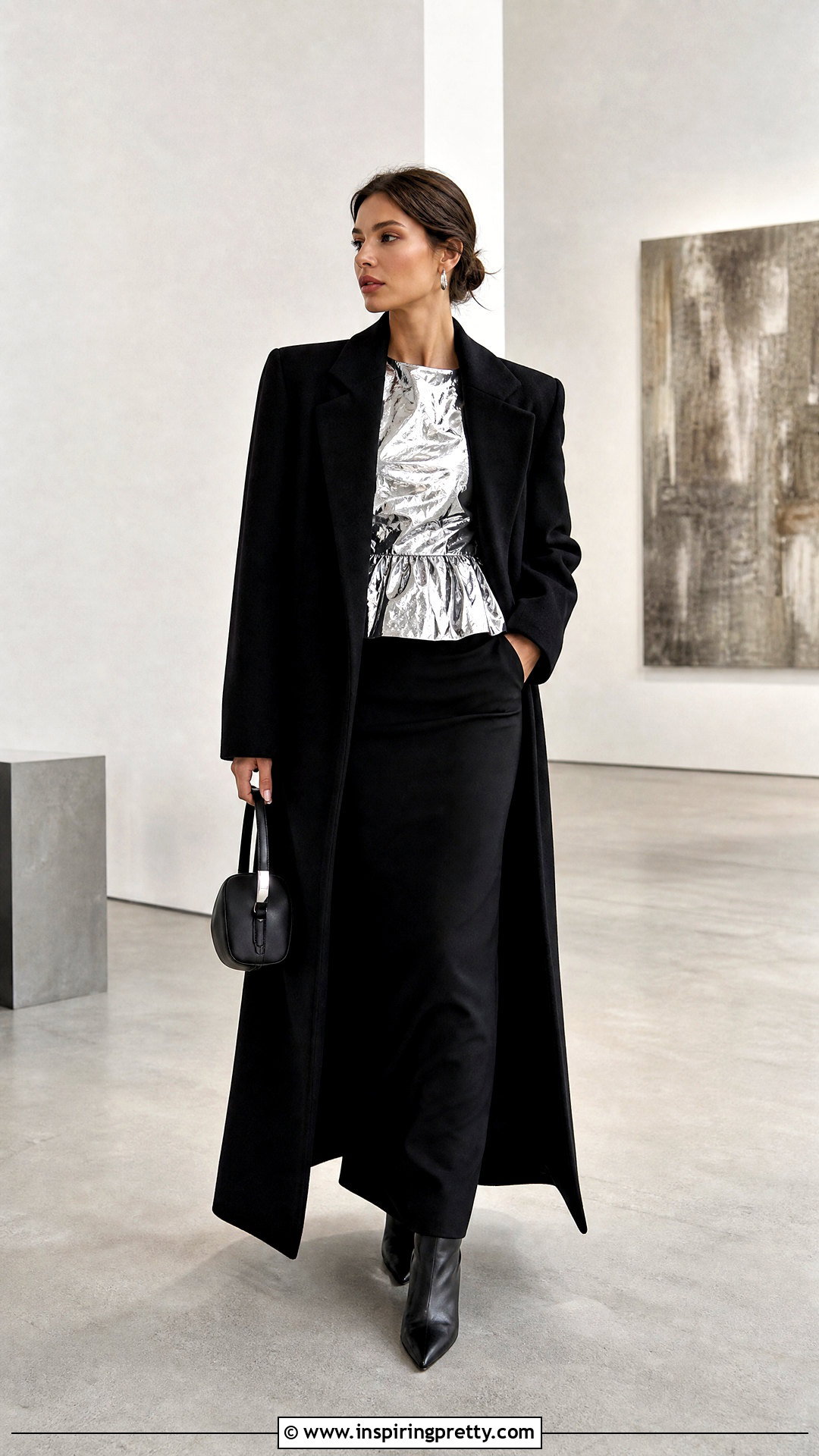GANNI Silver Top With Black Maxi Skirt - 50 ganni top outfit ideas