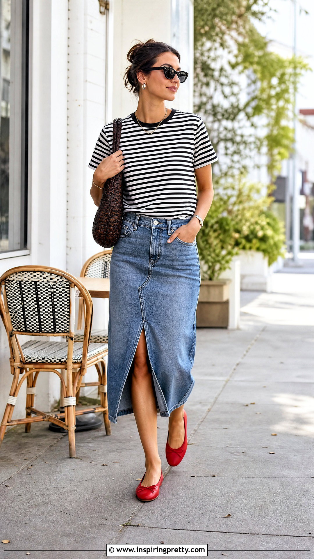 GANNI Striped T Shirt With Denim Midi Skirt - 50 ganni top outfit ideas