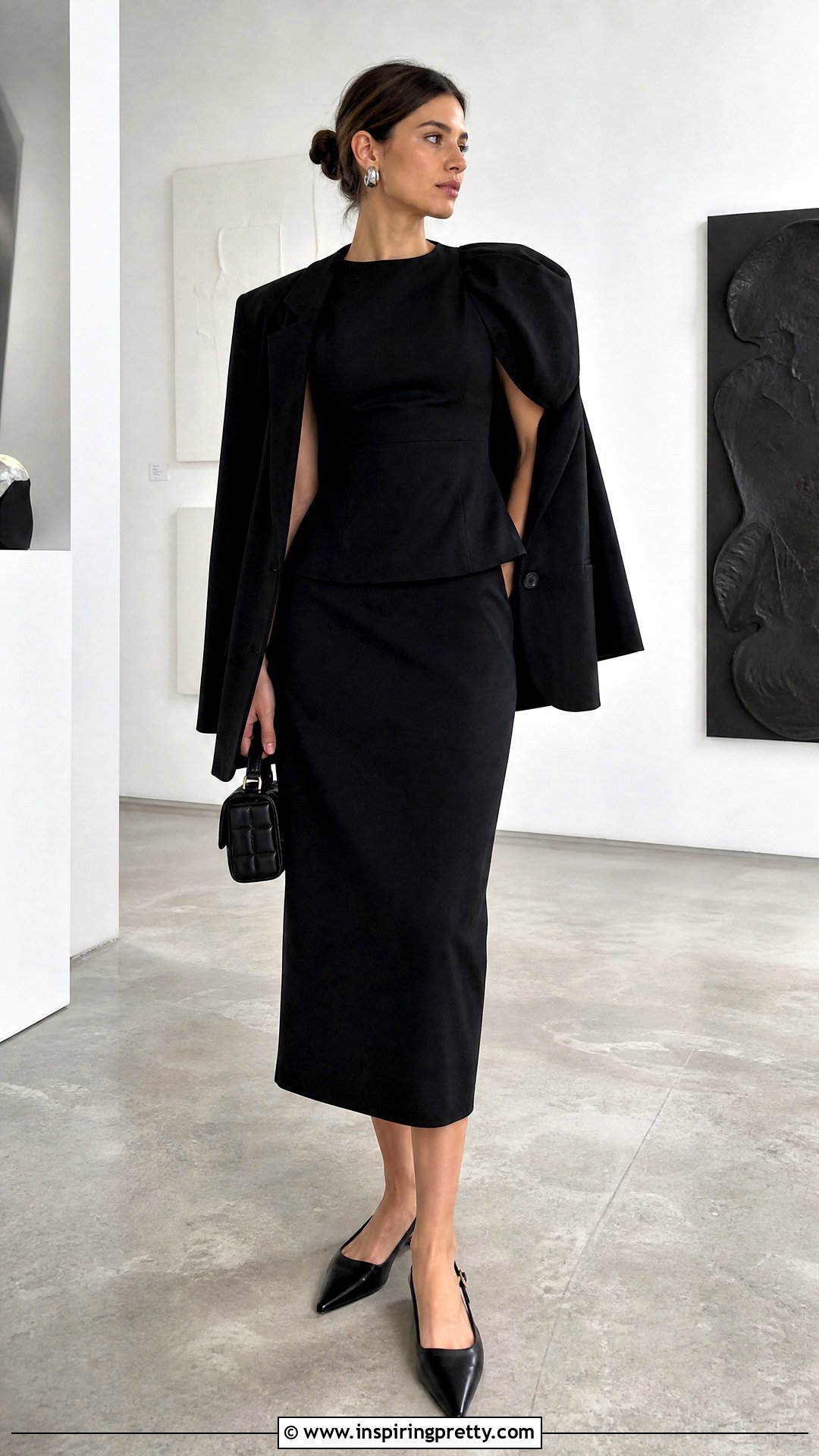 GANNI Structured Black Top With Suit Skirt - 50 ganni top outfit ideas