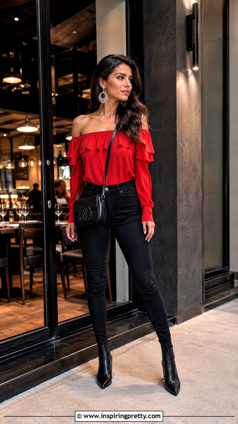 GUESS Off Shoulder Top With Black Skinny Jeans - 25 guess off shoulder top outfit ideas