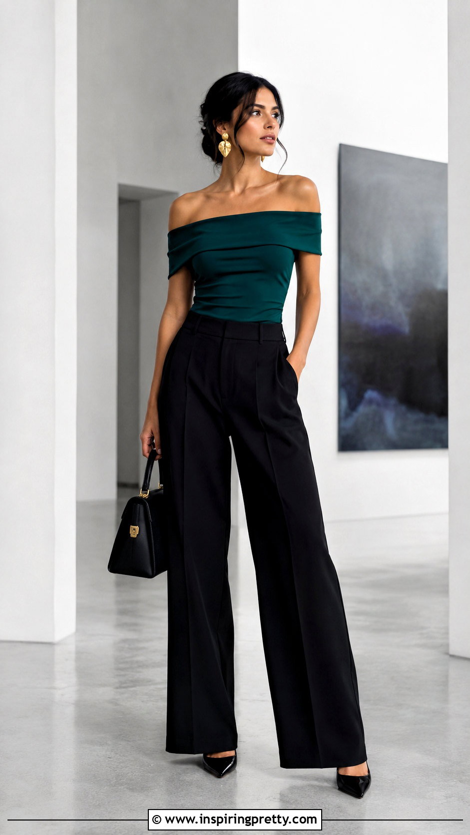 GUESS Off Shoulder Top With Black Trousers - 25 guess off shoulder top outfit ideas