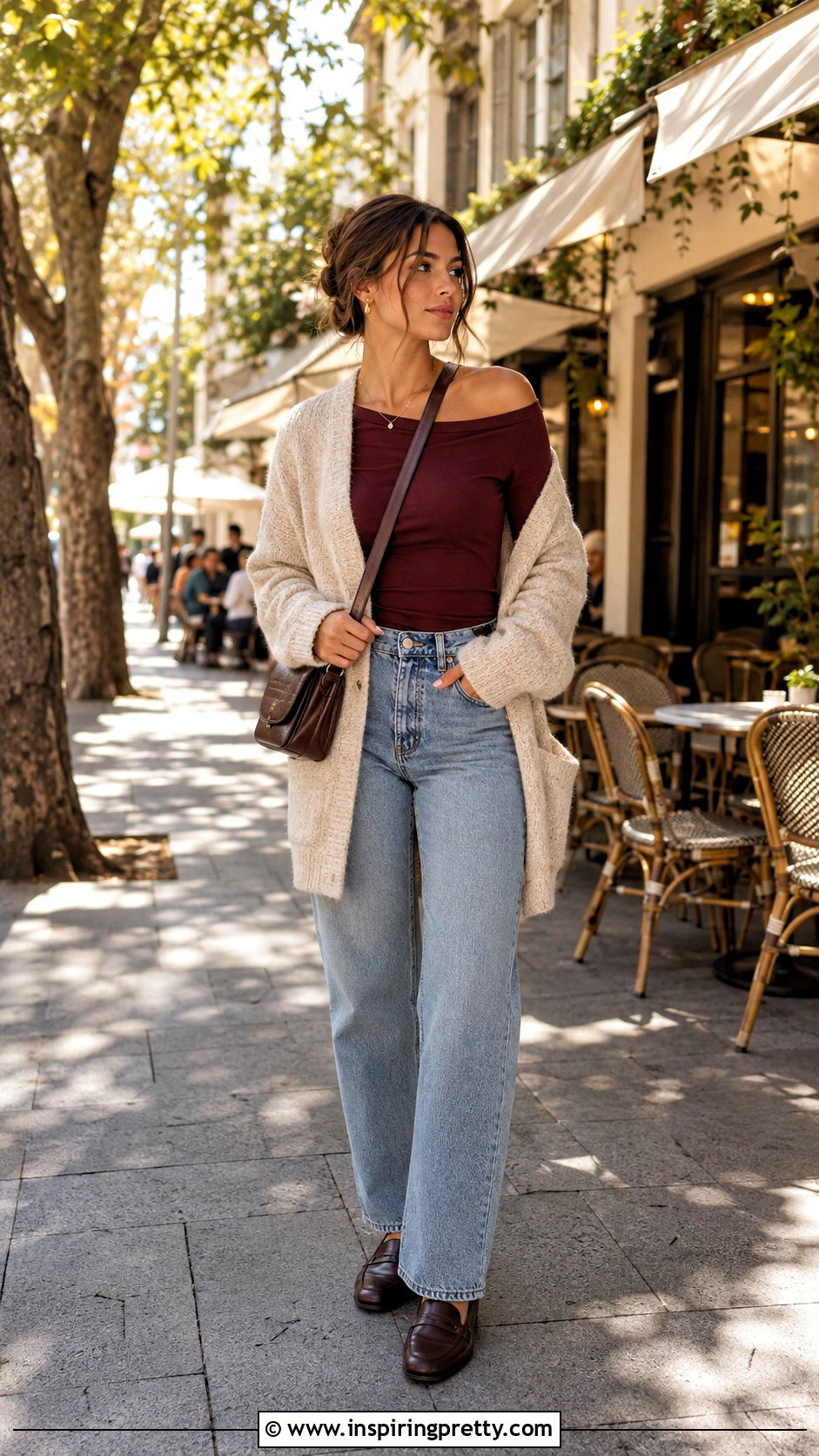GUESS Off Shoulder Top With Cardigan And Jeans - 25 guess off shoulder top outfit ideas