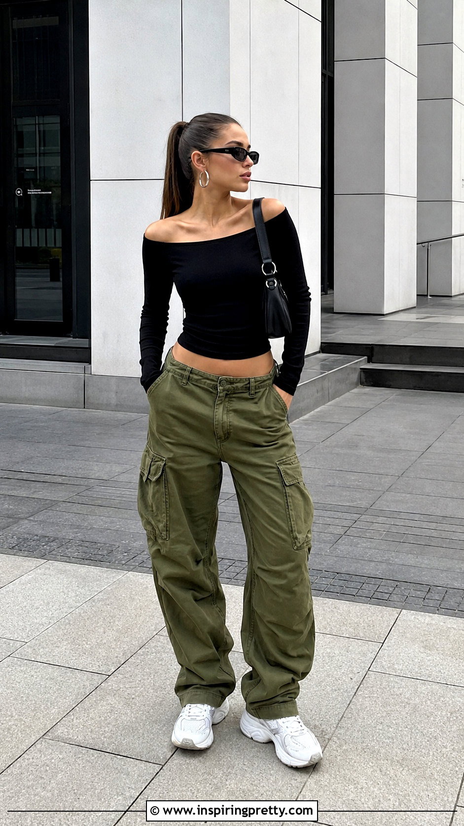 GUESS Off Shoulder Top With Cargo Pants - 25 guess off shoulder top outfit ideas