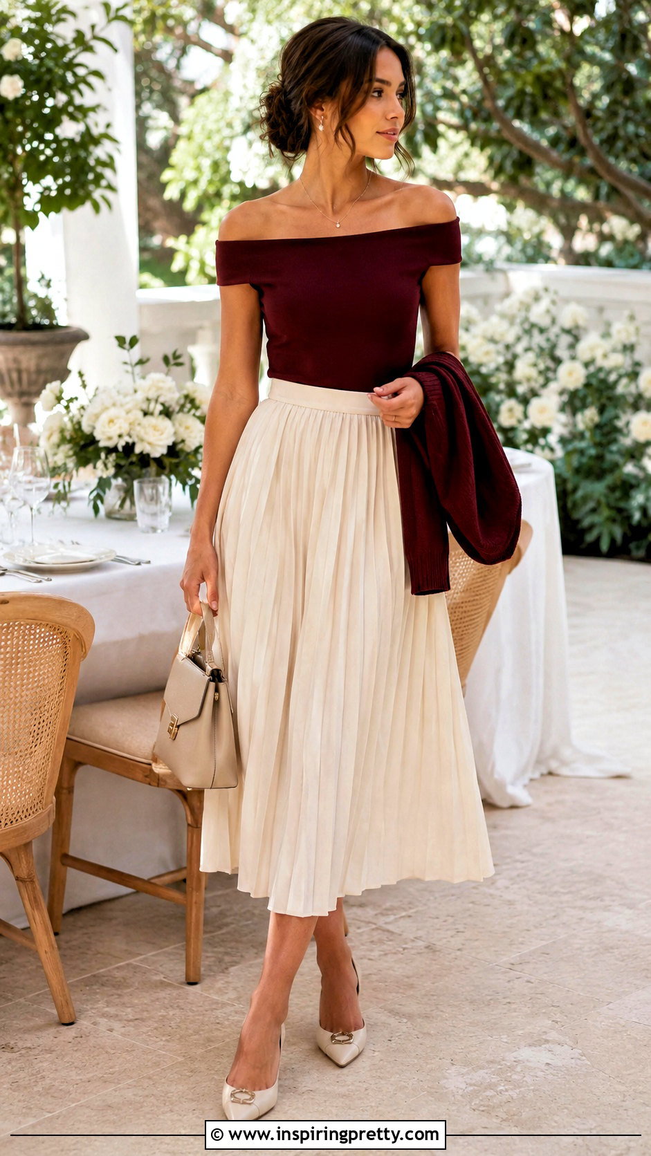 GUESS Off The Shoulder Top With Pleated Midi Skirt - 20 guess off the shoulder top outfit ideas