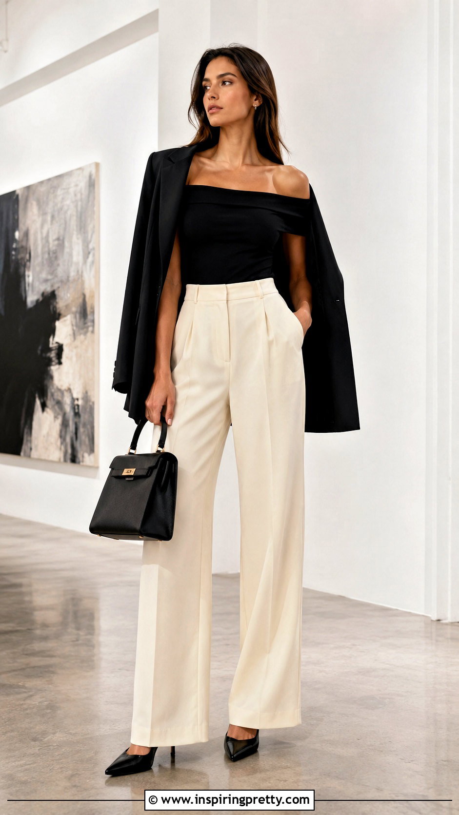 GUESS Off The Shoulder Top With Wide Leg Trousers - 20 guess off the shoulder top outfit ideas