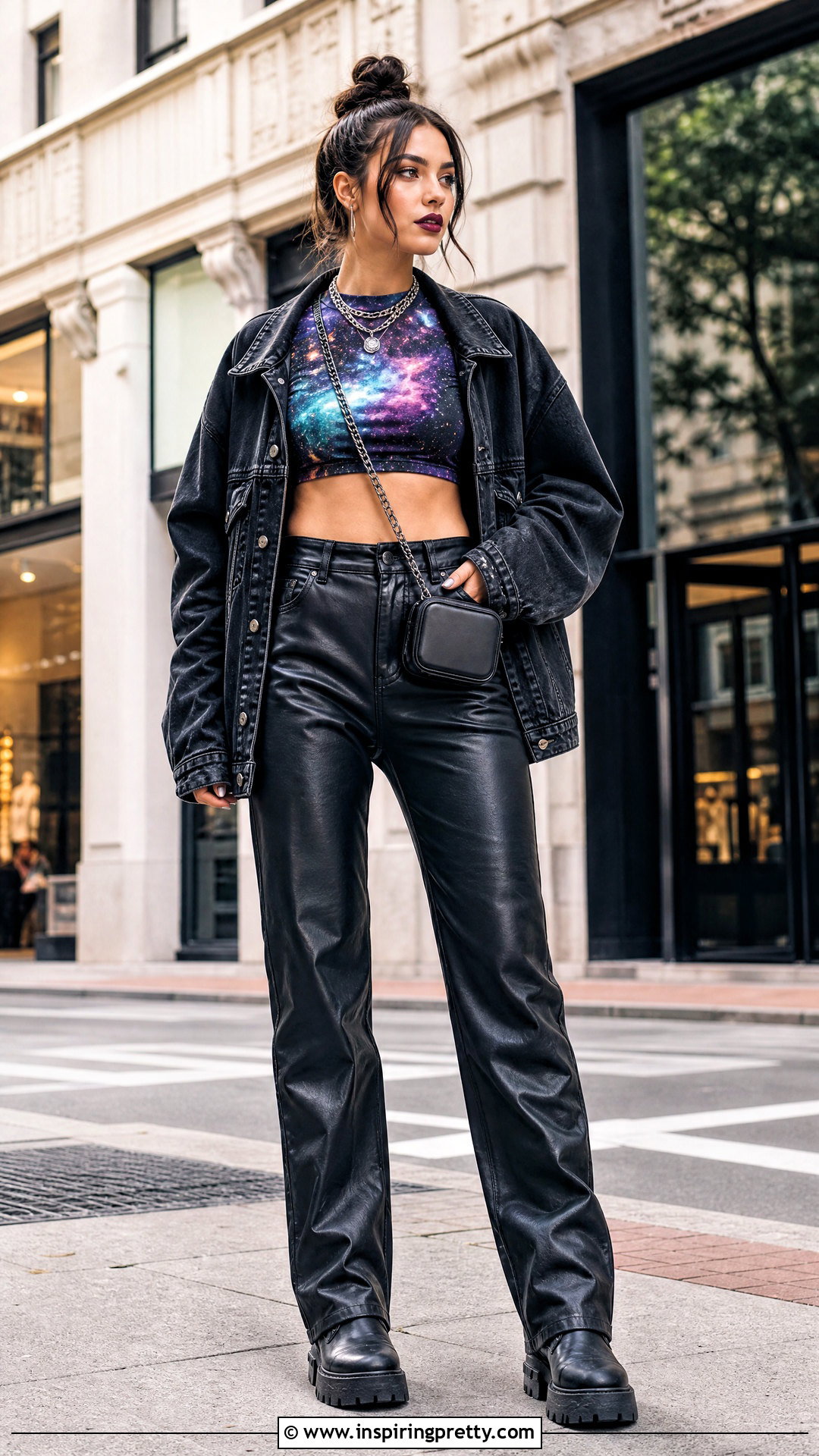 Galaxy Crop Top With Faux Leather Pants - 25 Galaxy Crop Top outfit ideas