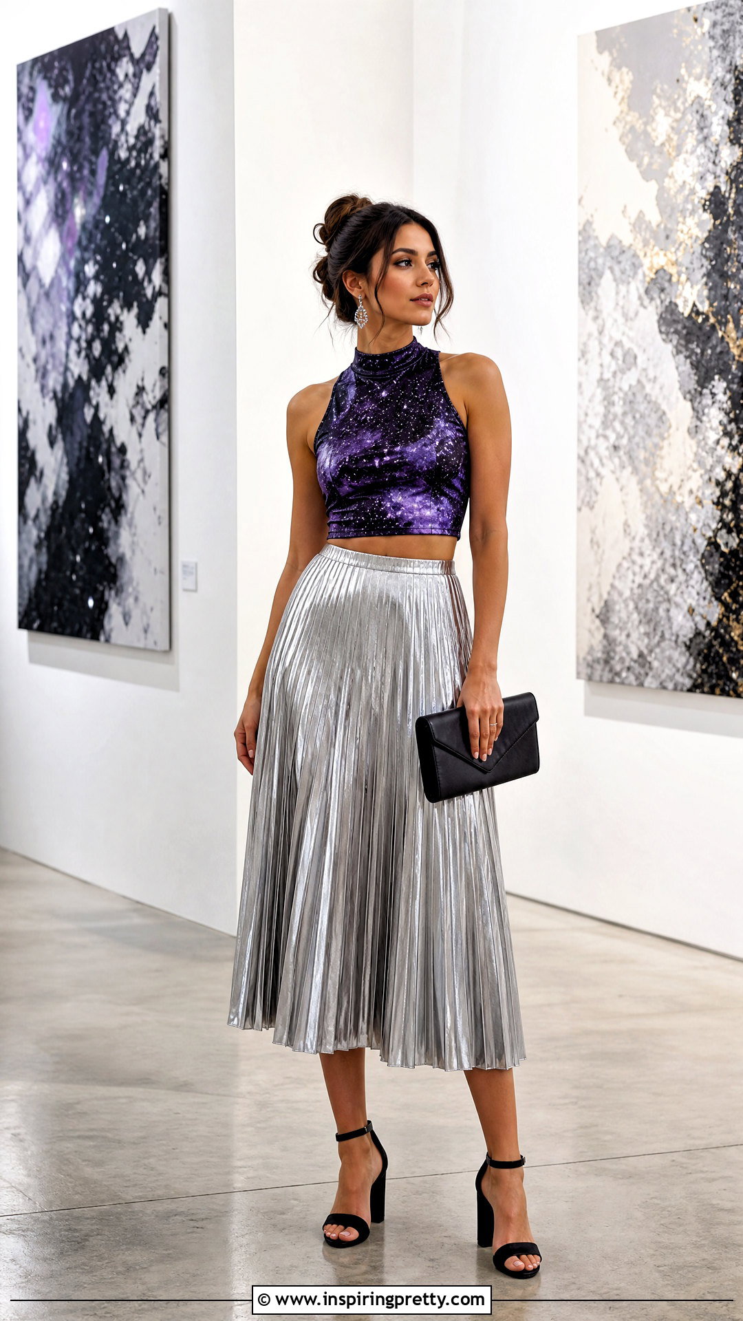 Galaxy Crop Top With Metallic Midi Skirt - 25 Galaxy Crop Top outfit ideas