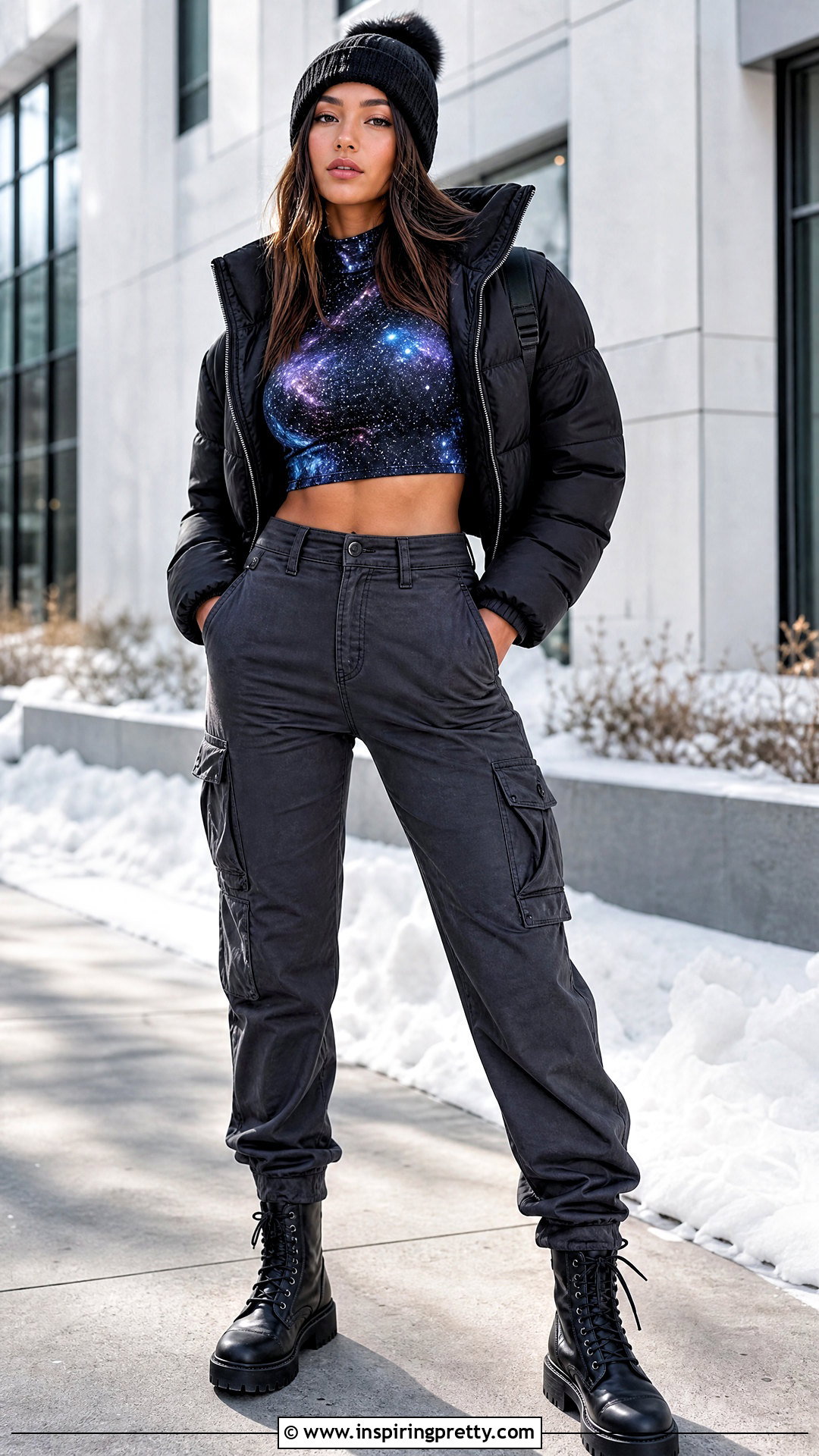 Galaxy Crop Top With Puffer Jacket And Cargo Pants - 25 Galaxy Crop Top outfit ideas