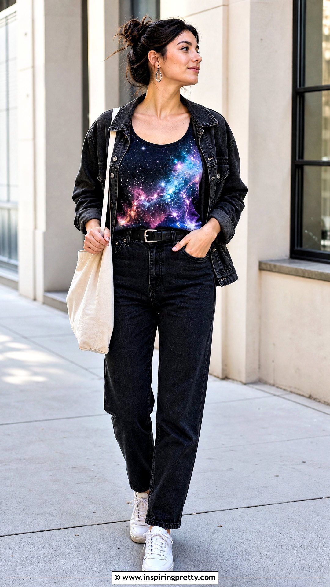Galaxy Tank Top With Black Denim Jacket And Jeans - 25 galaxy tank top outfit ideas