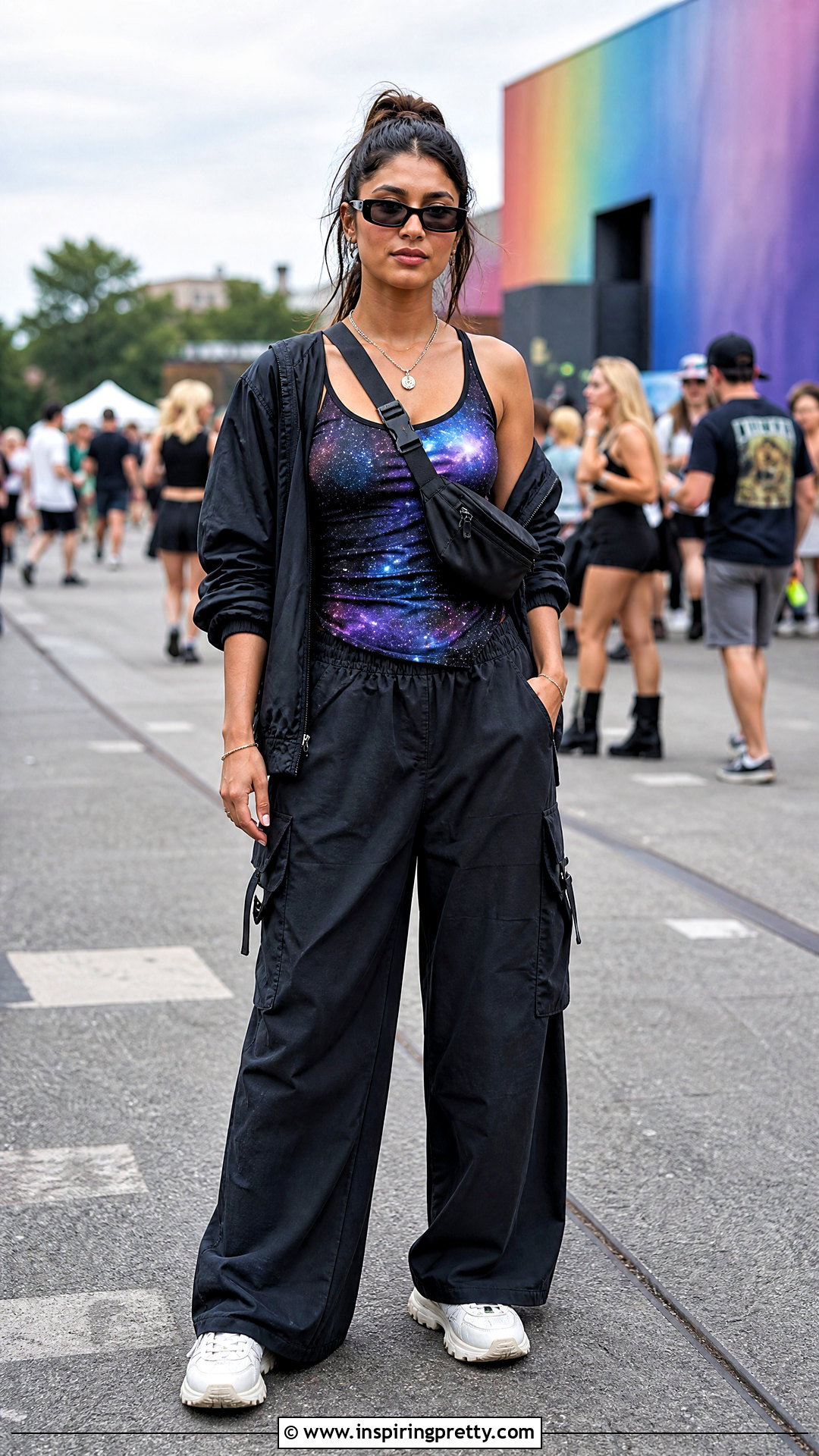 Galaxy Tank Top With Cargo Pants And Chunky Sneakers - 25 galaxy tank top outfit ideas