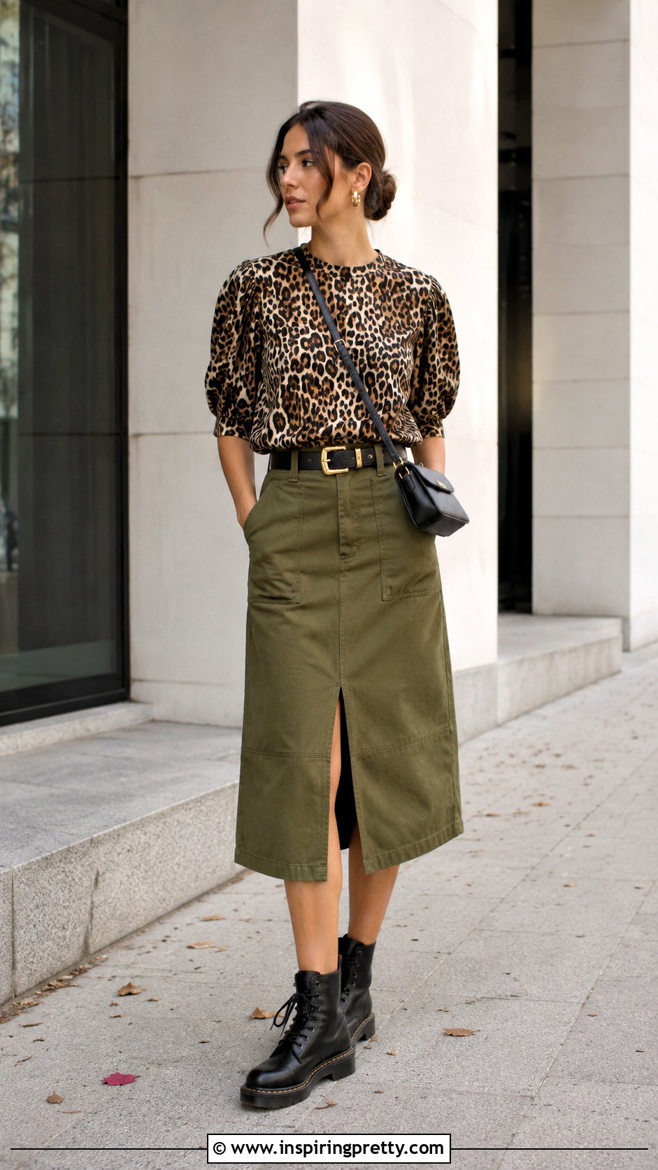Ganni Leopard Print Top With Olive Utility Skirt - 20 ganni leopard print top outfit ideas