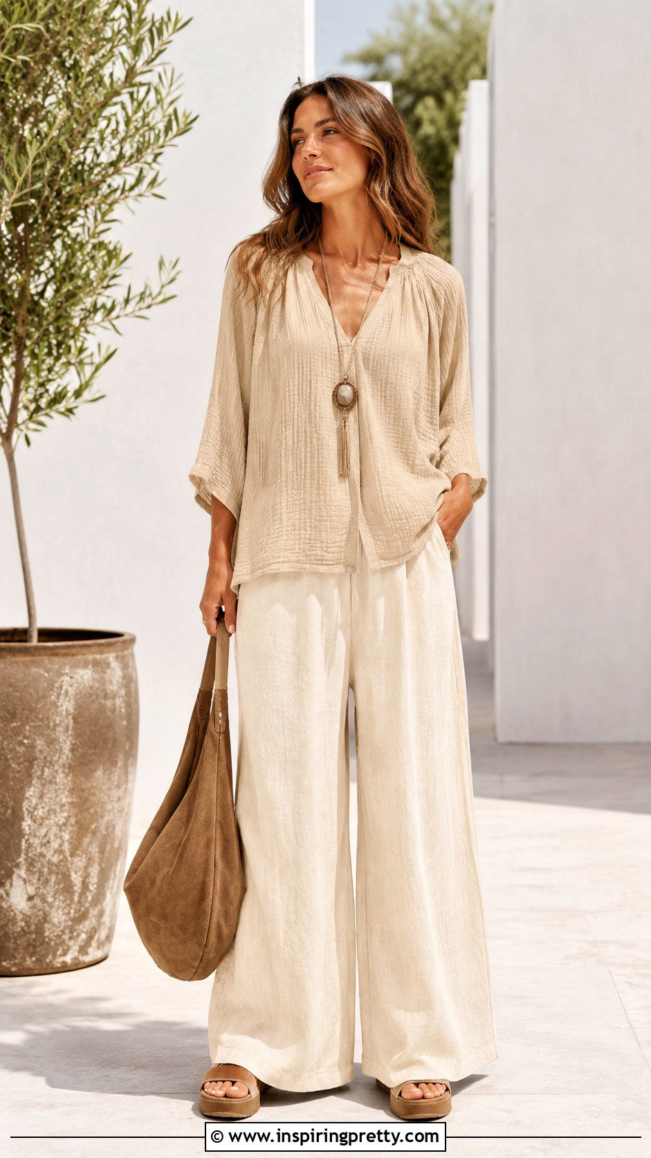 Gauze Bohemian Top With Palazzo Pants - 20 bohemian chic tops outfit ideas