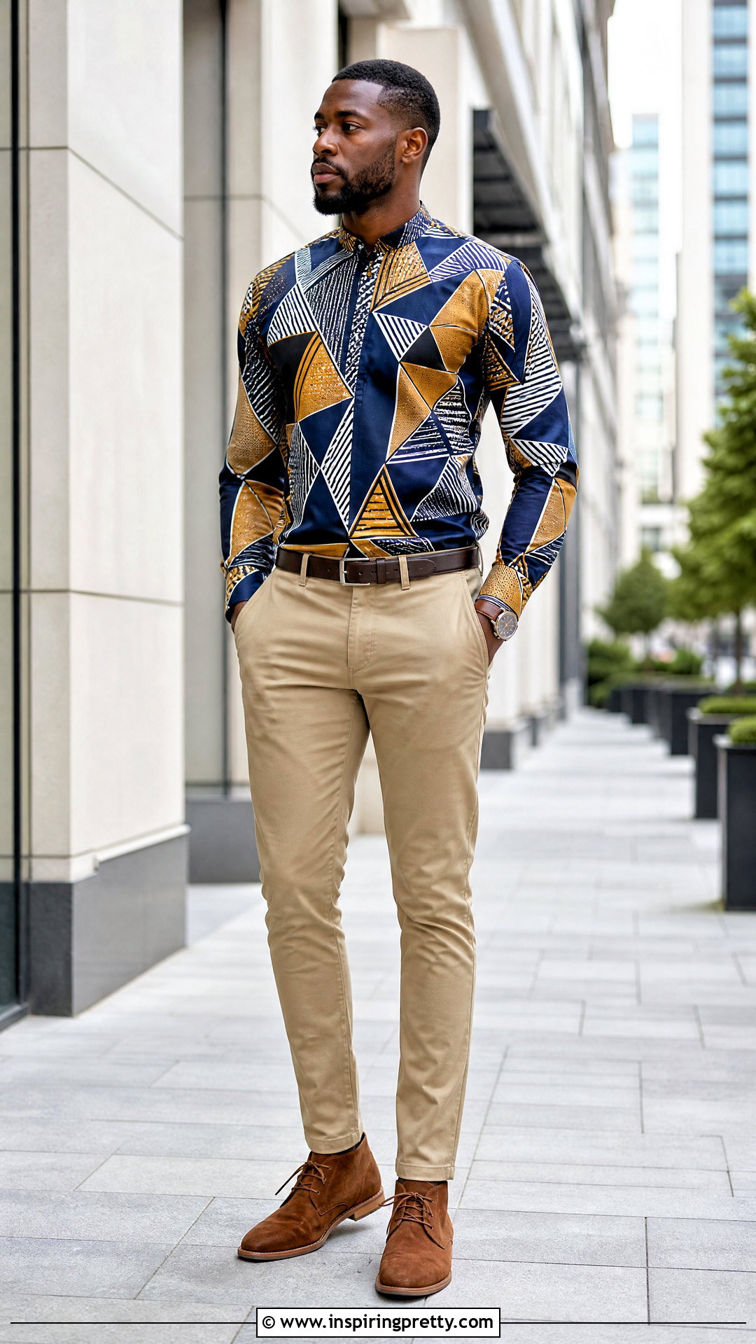 Geometric Ankara Top With Khaki Chinos - 50 ankara top for men outfit ideas