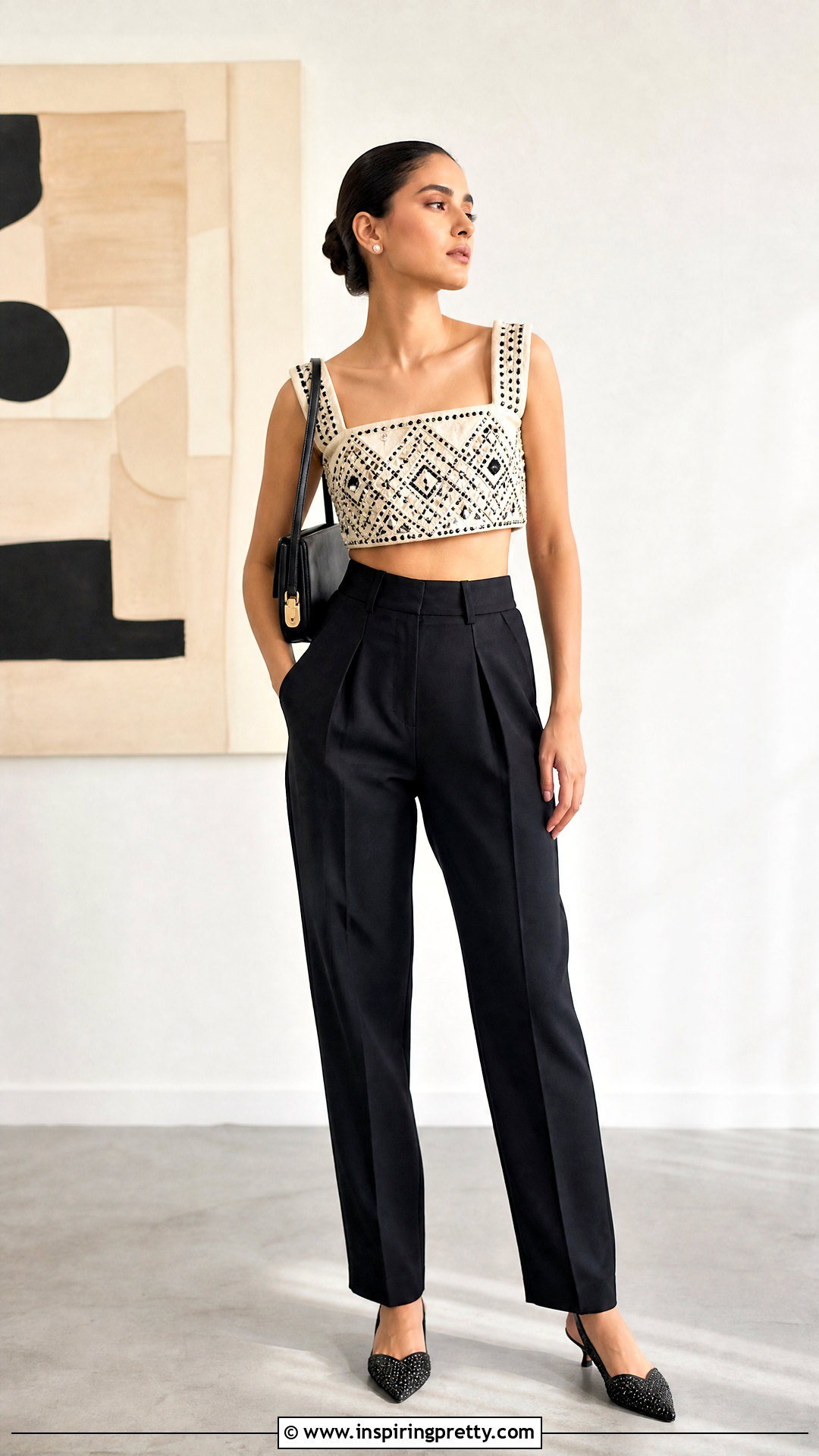 Geometric Embroidery Crop Top With Tailored Trousers - 20 embroidery crop top designs