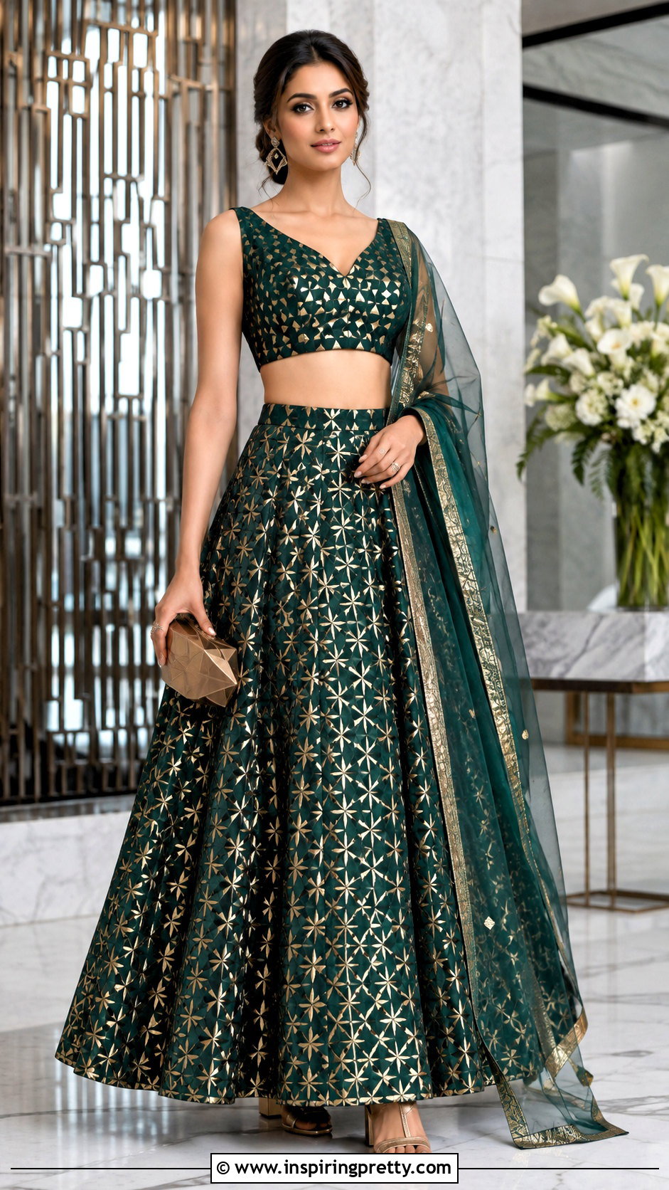 Geometric Foil Lehenga Crop Top Outfit - 50 party wear lehenga crop tops outfit ideas