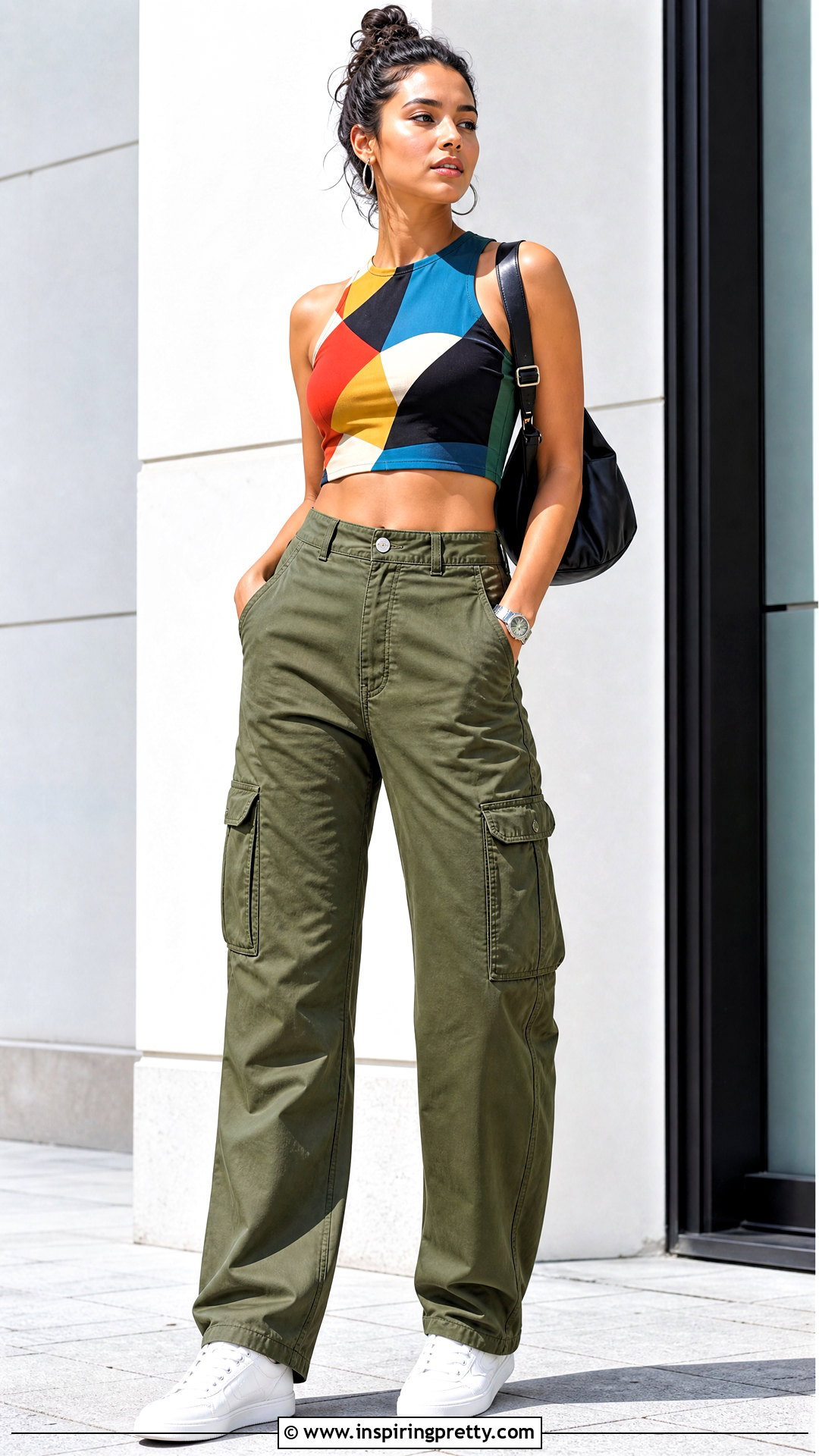 Geometric Patterned Crop Top With Cargo Pants - 20 Patterned Crop Top Style outfit ideas