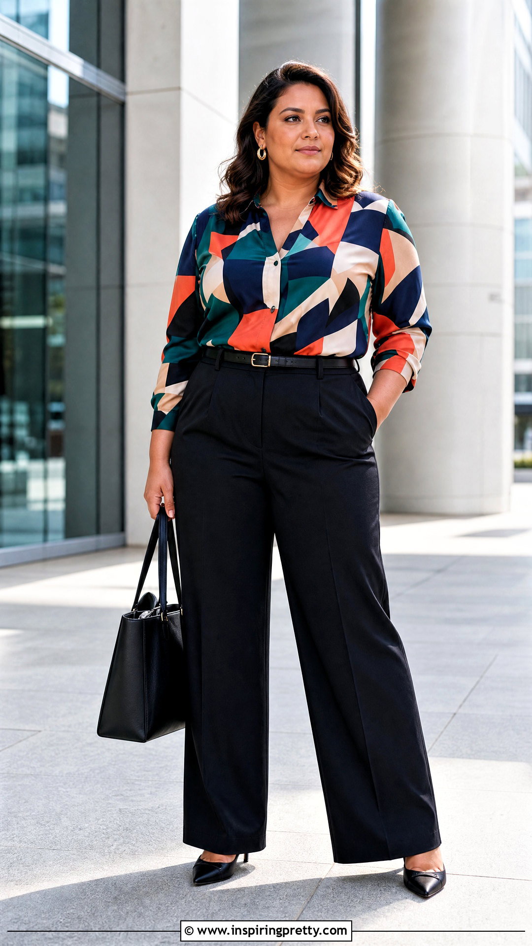 Geometric Patterned Top With Black Trousers - 20 Colorful Patterned Top Outfit ideas